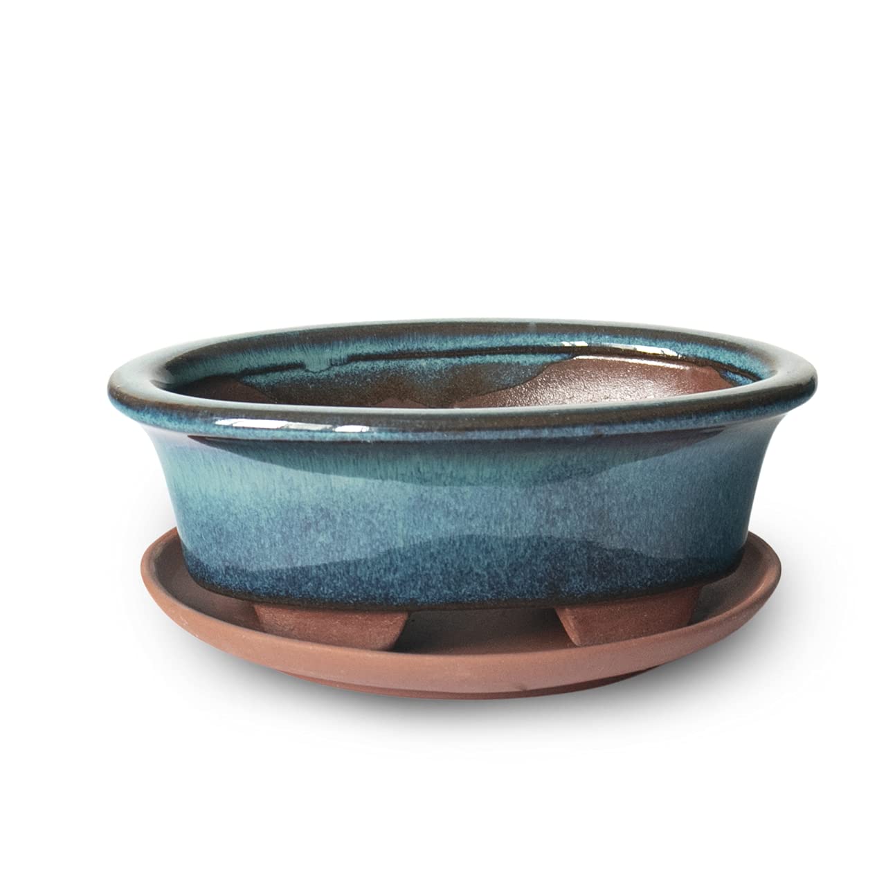 Dahlia Ceramic Succulent Pot/Bonsai Pot w Drainage Hole & Detachable Saucer, 2pc Oval
