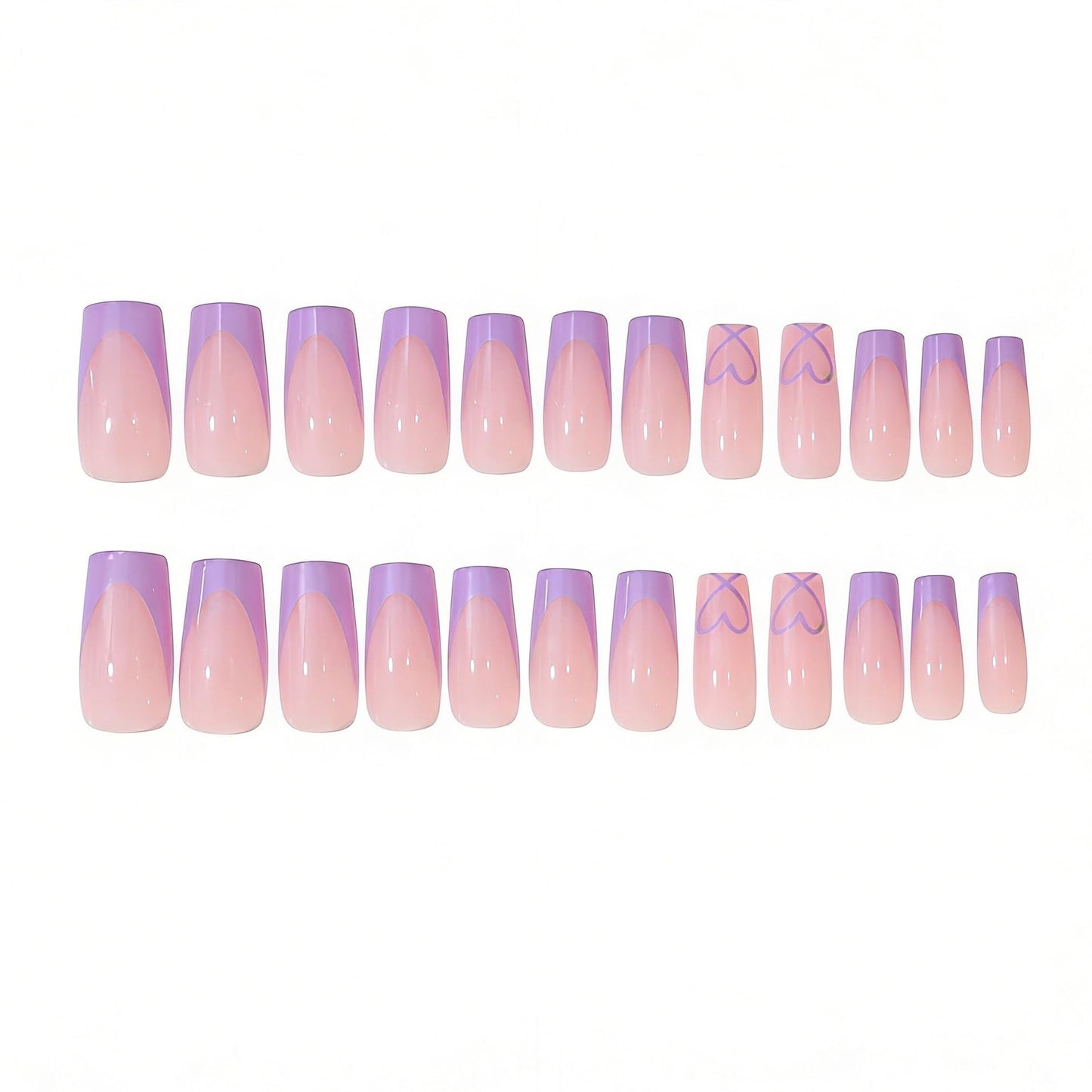 Coffin Press on Nails Medium - Purple French Tip Fake Nails with Heart Design - Glossy Full Cover Stick on False Nails - for Women 24 Pcs