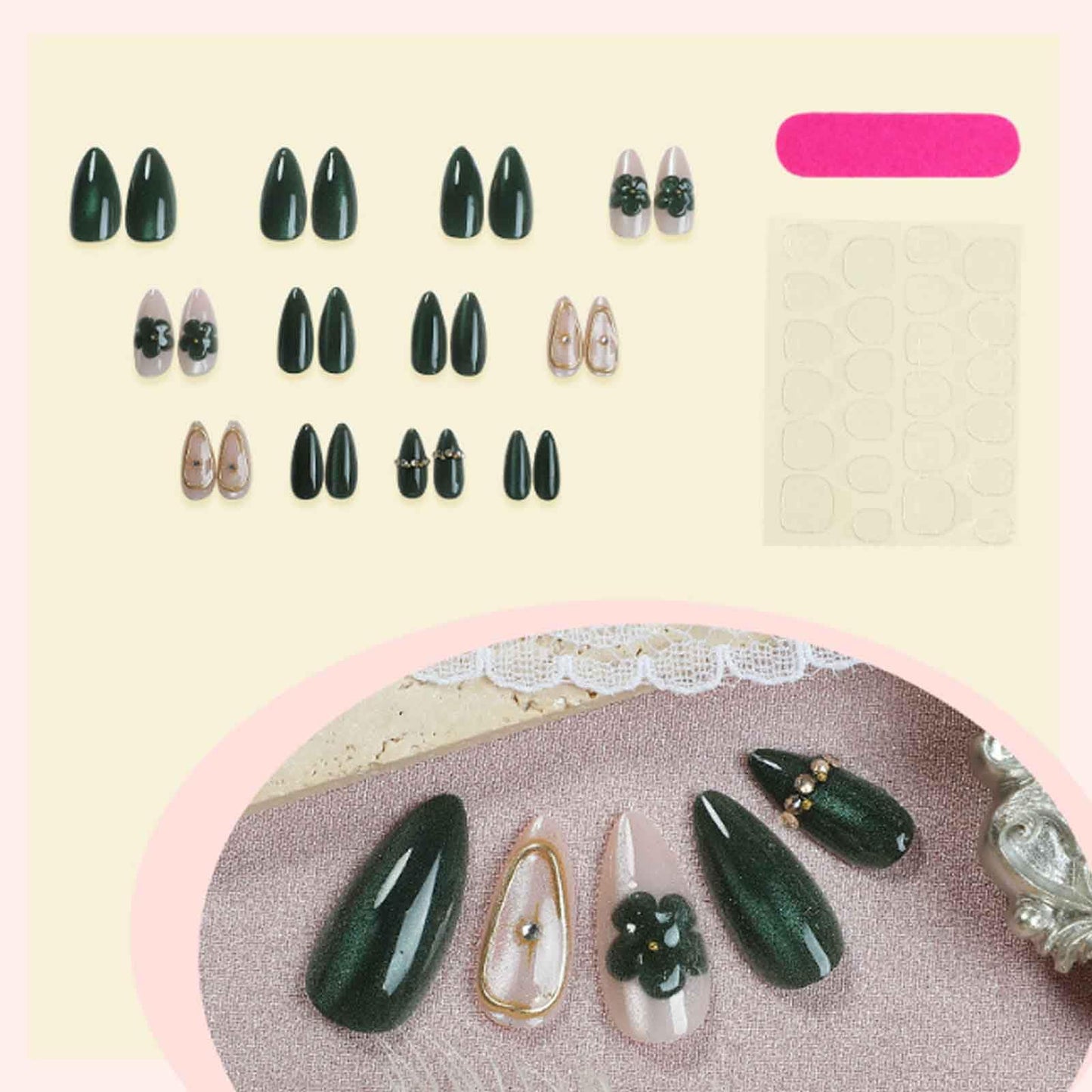 Hkanlre Green Press on Nails Medium Tips Full Cover Cat Eyes False Nails Fake Flower Nails Almond for Women 24PCS