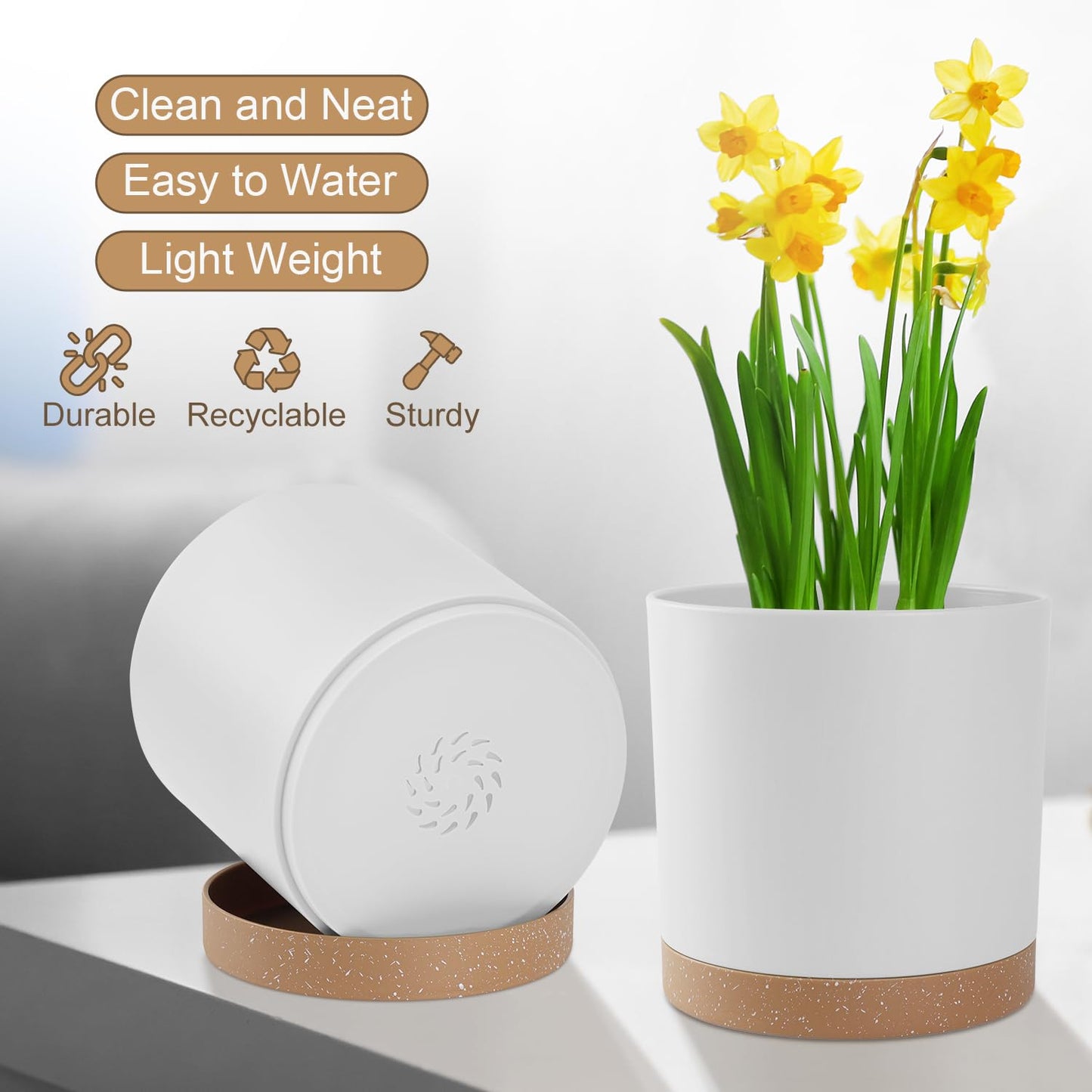 YNNICO Plant Pots with Drainage Holes and Saucers – 7, 6.5, 6, 5, 4 Inch Plastic Planters for Indoor Outdoor Plants, Modern Matte Finish, Lightweight & Durable（White