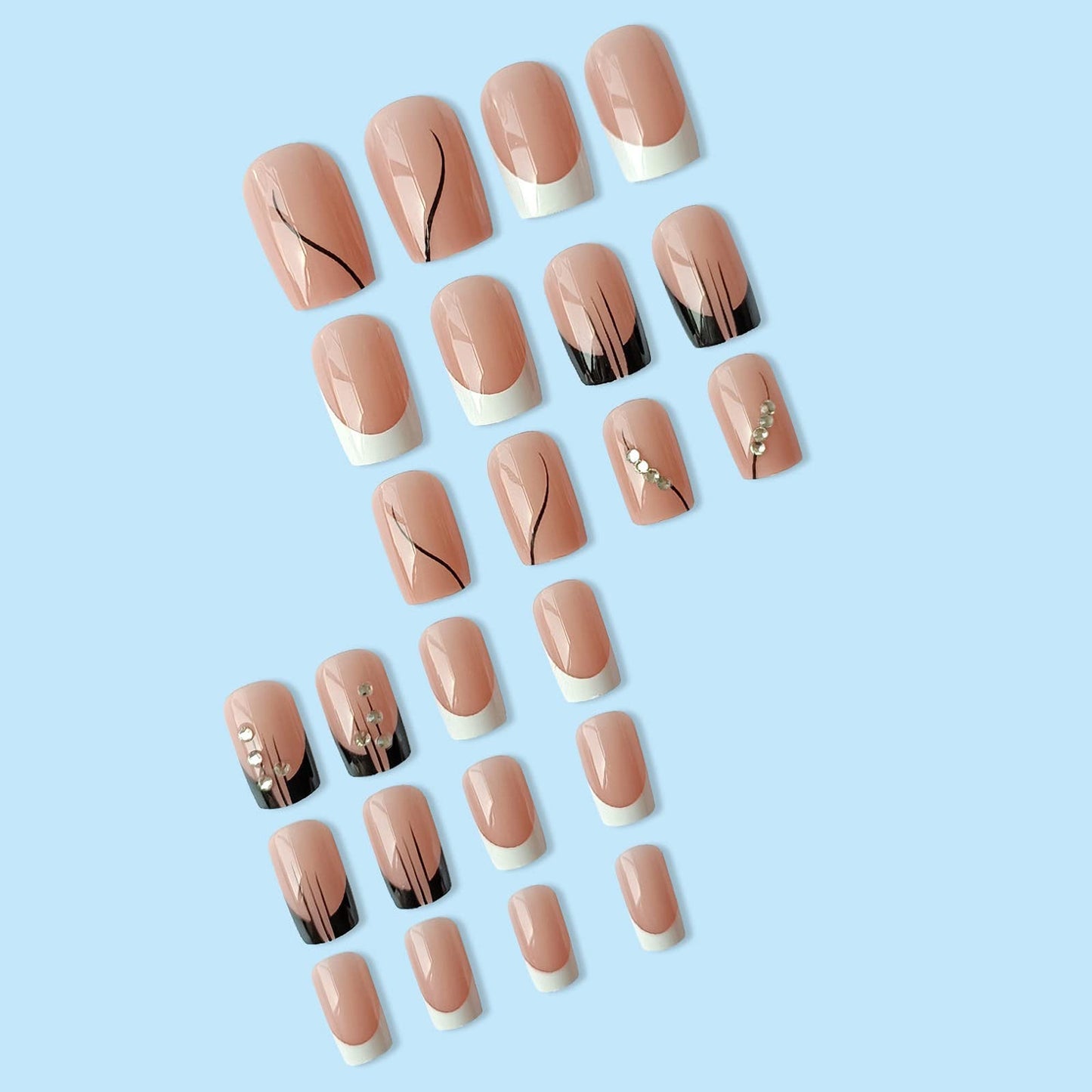 24 Pcs Square French Press on Nails Medium Fake Nails French Line Glue on Nails with Rhinestone Designs Full Cover False Nails Black White Nail Tips for Women Girls
