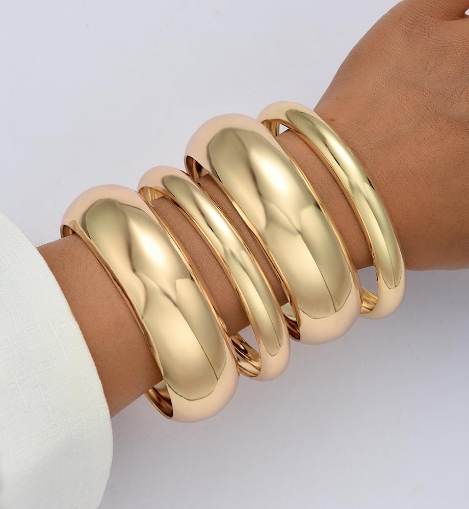 Chunky Gold Bangle Bracelets for Women, Dainty 14k Gold Plated Big Stackable Bangles Set, Trendy Statement Cuff Bracelet Stack Fashion Jewelry Gifts (4 chunky gold bangles)