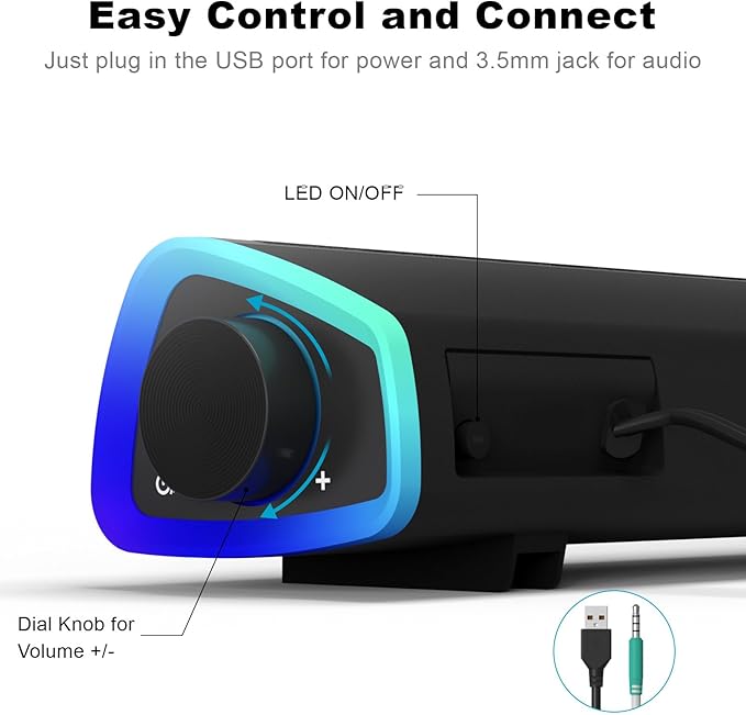 SOULION R30 Computer Speakers, USB Powered PC Speaker, Colorful LED Lights with Switch Button, 3.5mm Aux Surround Soundbar for Desktop Laptop Monitor Office Work Music Gray