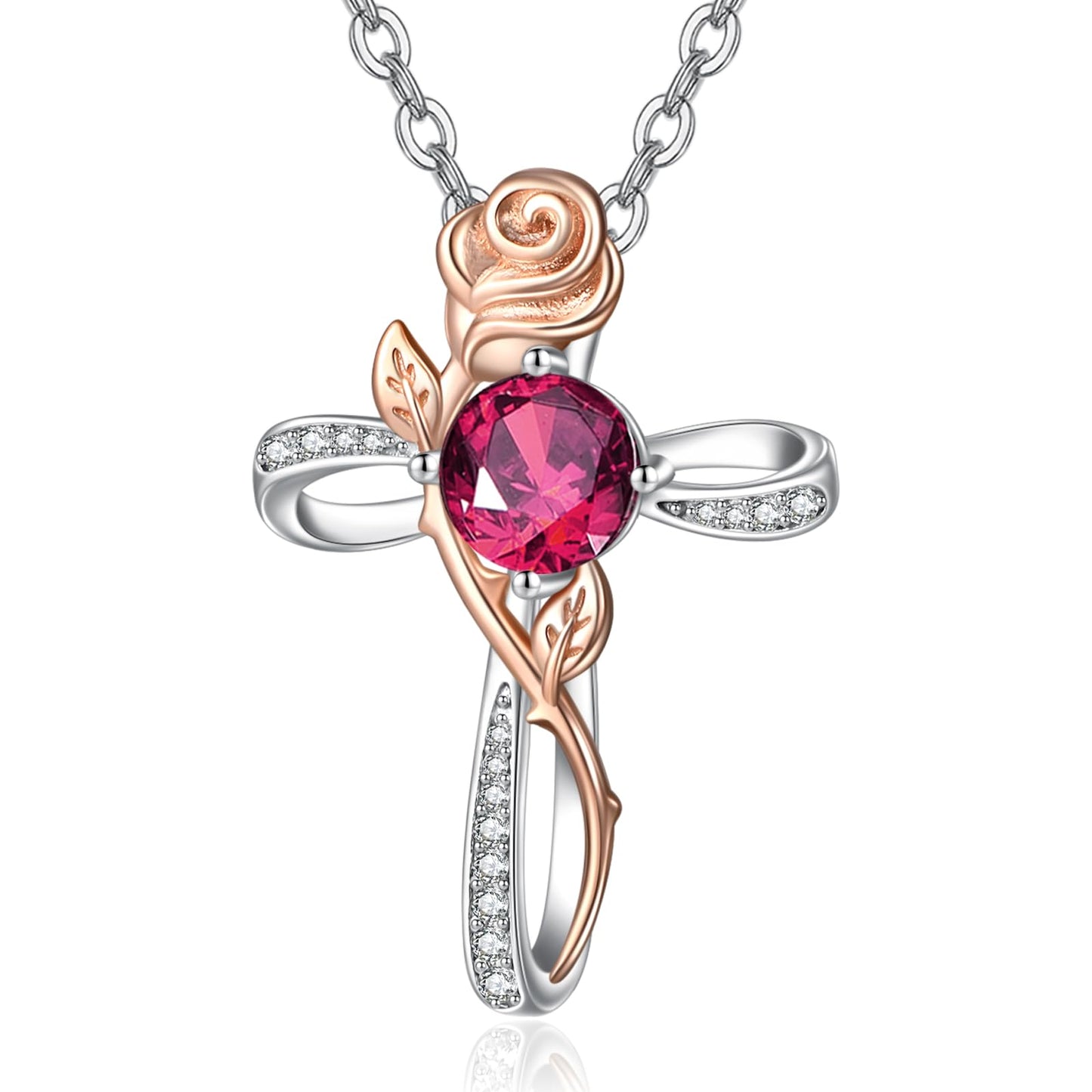 Zeuslia Cross Necklace for Women Sterling Silver Cross Pendant Jewelry with Rose Ruby July Birthstone Necklace Christian Religious Baptism First Communion Confirmation Birthday Gifts for Women