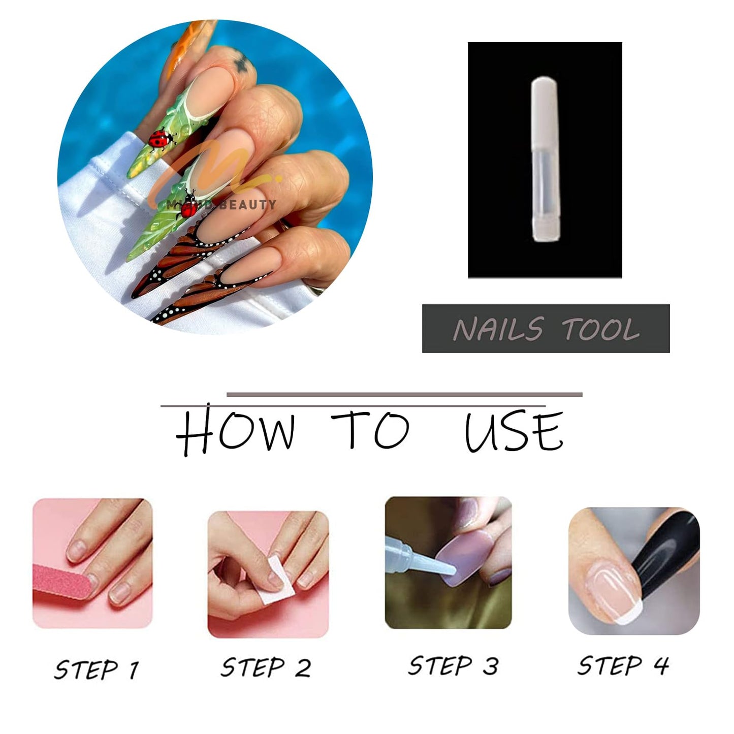 MISUD Press on Nails - Long Stiletto Fake Nails with Matte Orange Green French Tip, Acrylic Butterfly Ladybug Design 24 pcs
