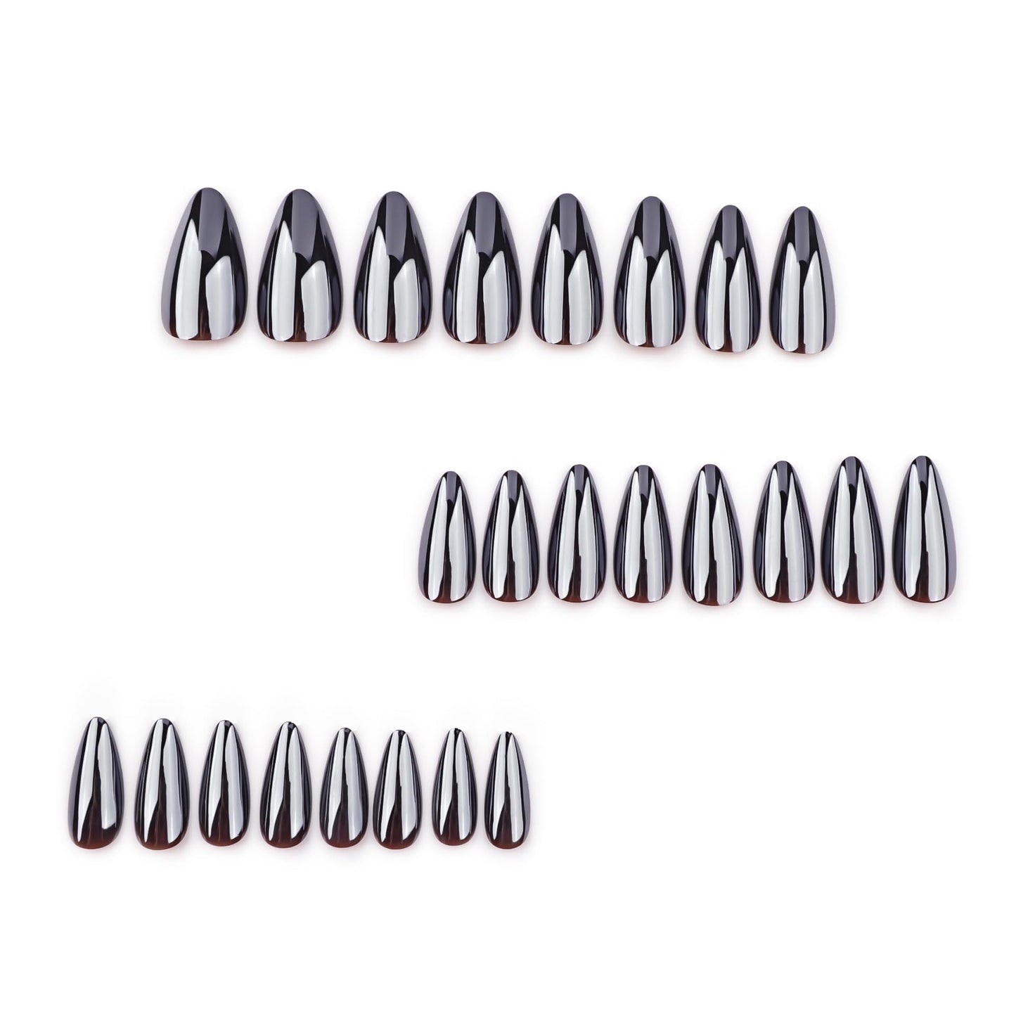 Black Press on Nails Almond - Medium Fake Nails with Chrome Design - Glossy Full Cover Stick on False Nails for Women 24 Pcs