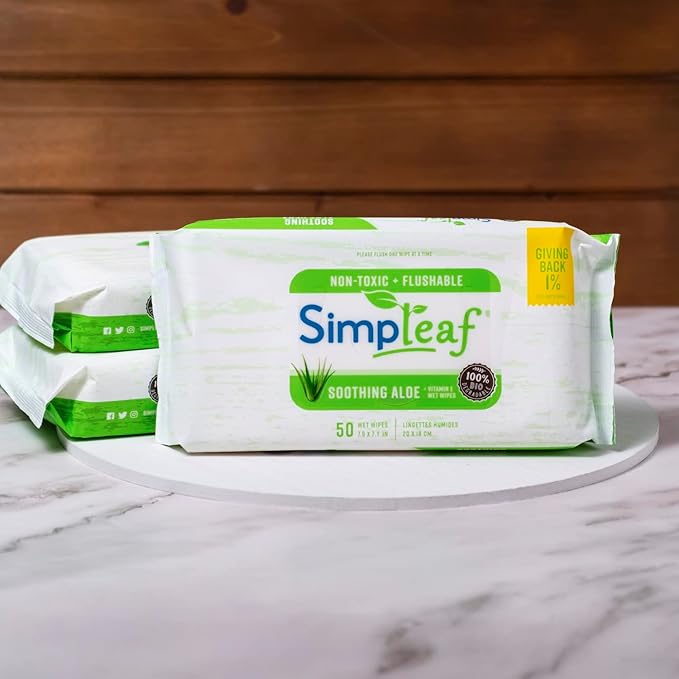 Simpleaf Flushable Wet Wipes Aloe Vera | Plastic Free, Paraben & Alcohol Free | Hypoallergenic & Safe for Sensitive Skin | Soothing Aloe Formula | Adult Toilet Wipes (6 x 50 Counts Pack) 300 Counts