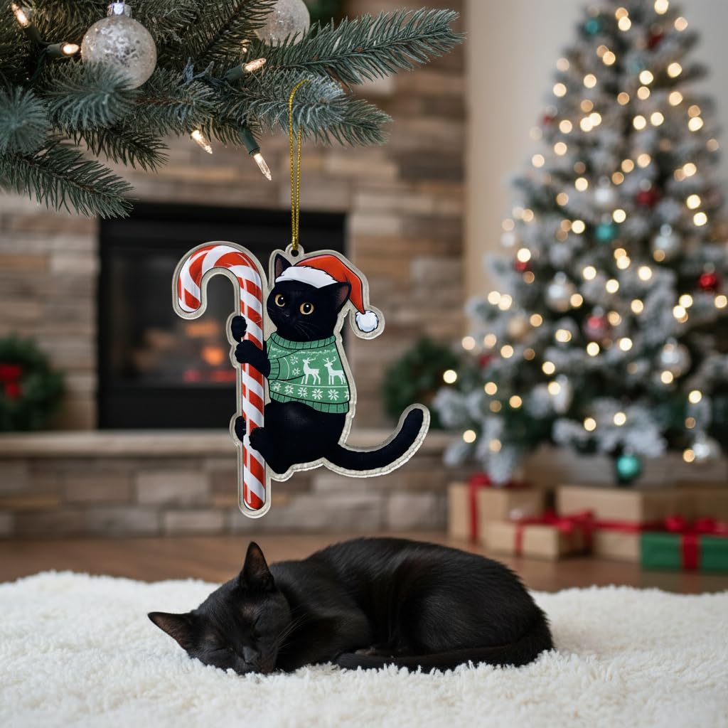 Black Cat Christmas Ornament Hugging Candy Cane 2D Flat Acrylic Ornament - Cute Ornaments for Christmas Tree, Black Cat Ornaments for Women, Men 2025