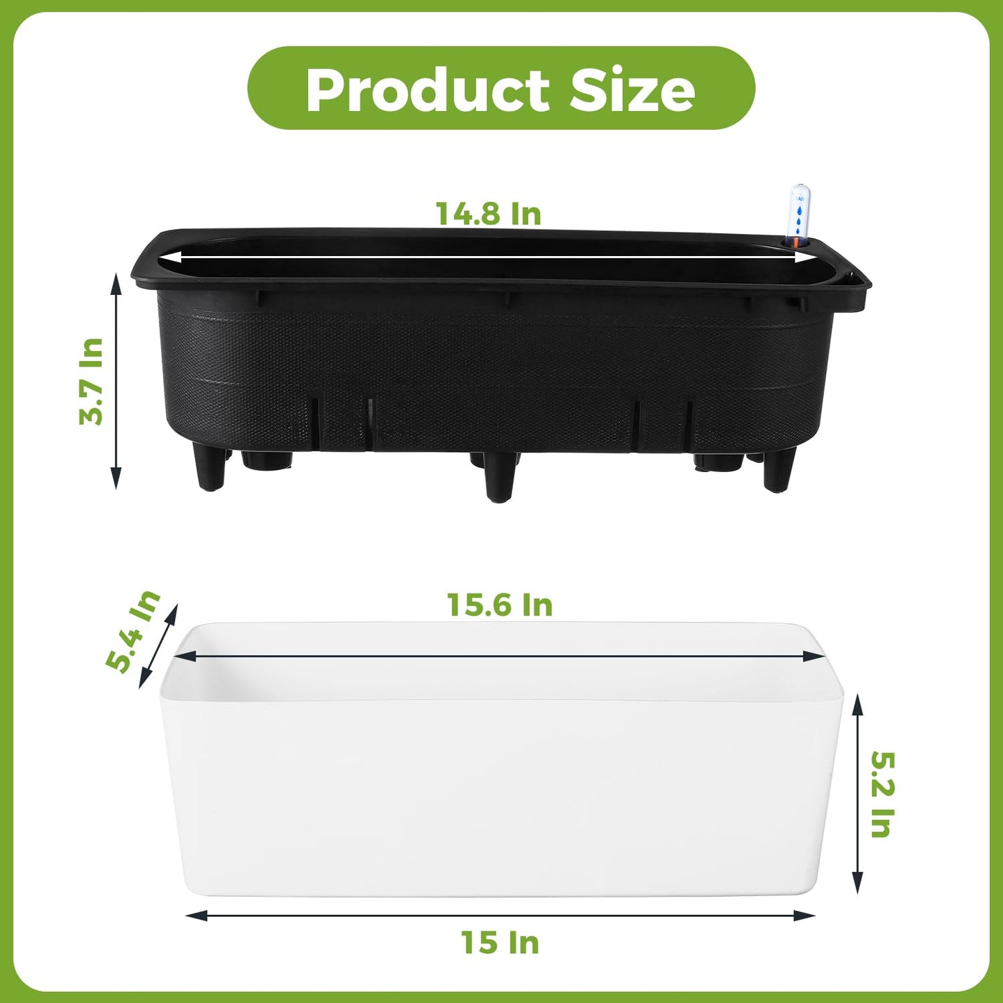 2 Pack Rectangular Planter 15.6 x 5.4 in Self Watering Planter Window Sill Planters Indoor Rectangle Plant Pot Self Watering Pots Plastic Plant pots with Drainage Holes Black Flower Pot