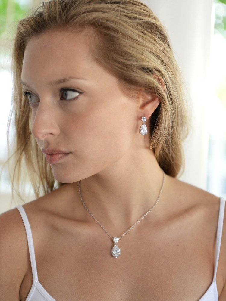 Mariell Glamorous Pear-Shaped Cubic Zirconia Wedding Necklace and Earrings Set for Brides or Bridesmaids