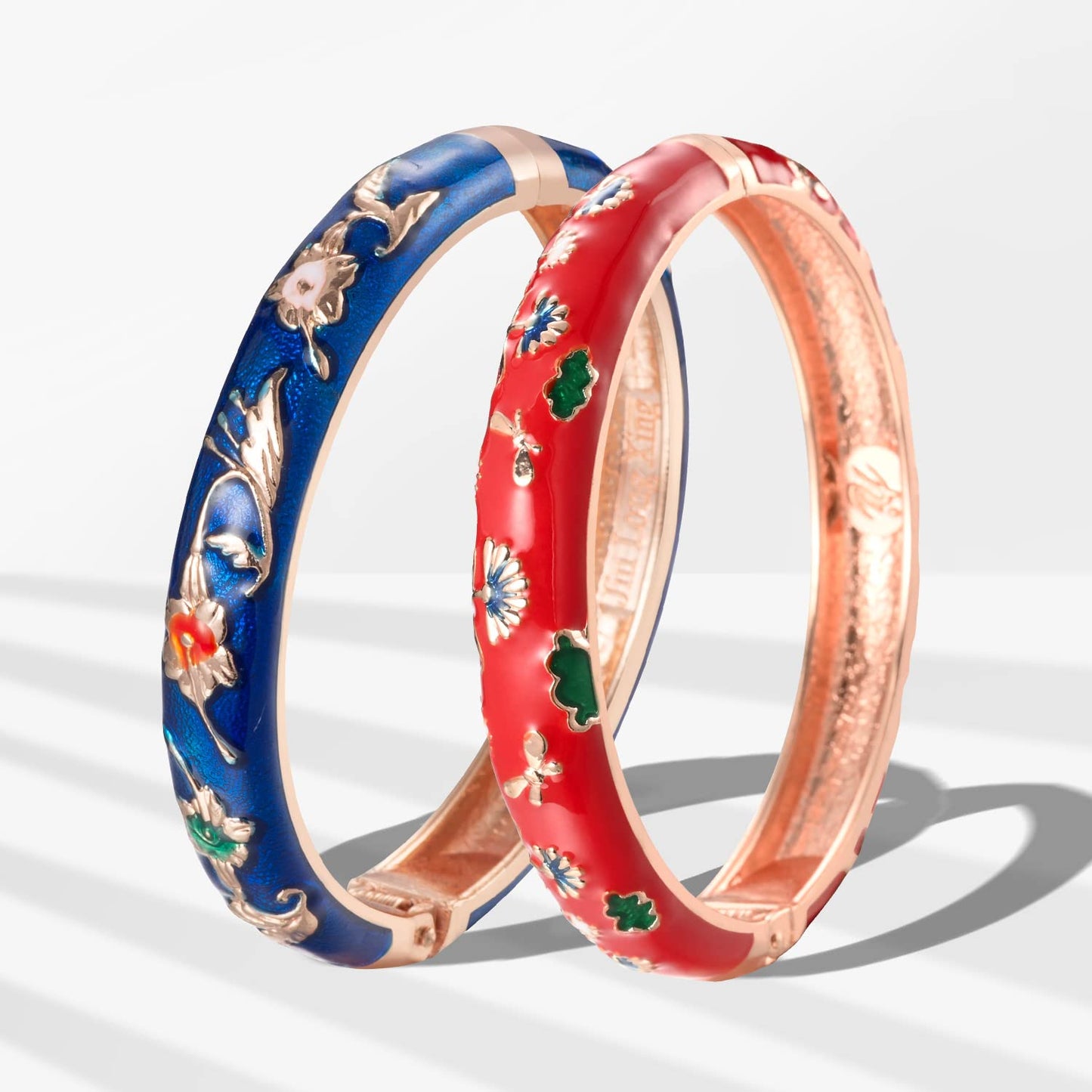 UJOY Gorgeous Bracelets Enameled Floral Cloisonne Gift Plated Cuff Bangles Jewelry Sets Box for Women 55A81-55A120 Blue red