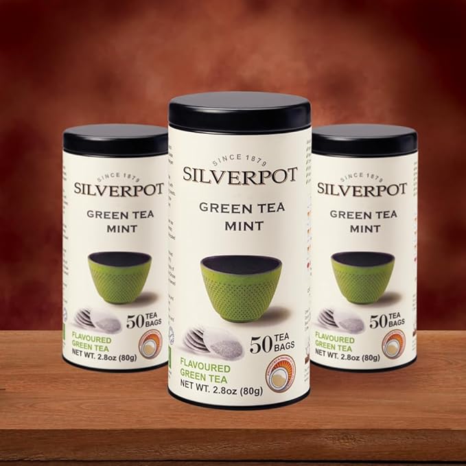 Silverpot Green Tea & Mint - 50 Round Tea Bags | 100% Natural, Peppermint | Caffeinated | Antioxidant Rich | Reusable Tin