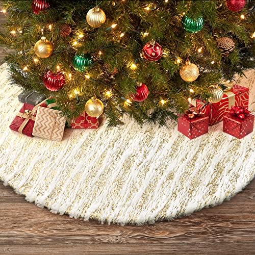 Christmas Tree Skirt White Bronzing Luxury Faux Fur Tree Skirt (Gold 48in)