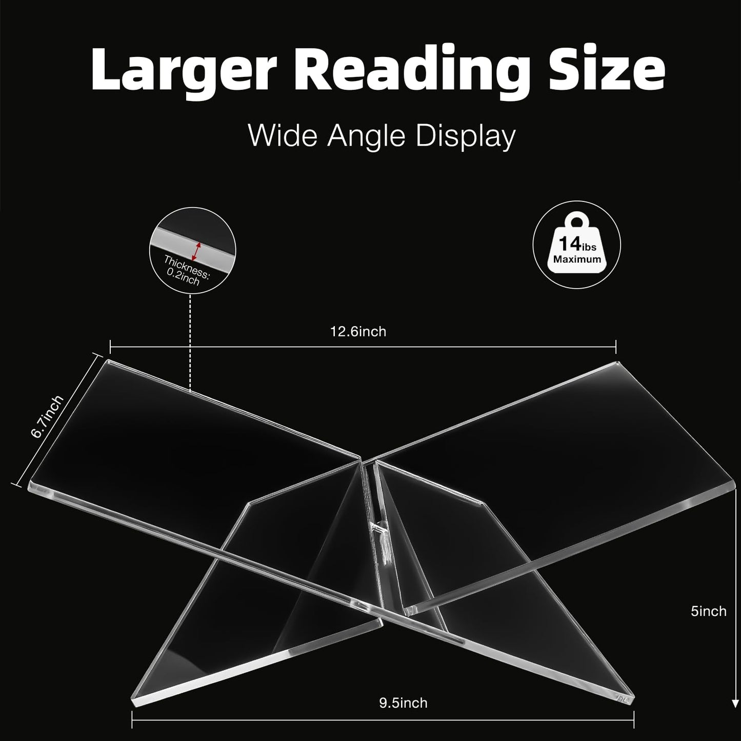 Clear Acrylic Book Stand – Large 12.6 x 6.7 x 5 in Book Holder for Cookbooks, Bibles, Art & Coffee Table Display | 2-Piece Cross Frame Design, Sturdy 0.2in Transparent Acrylic