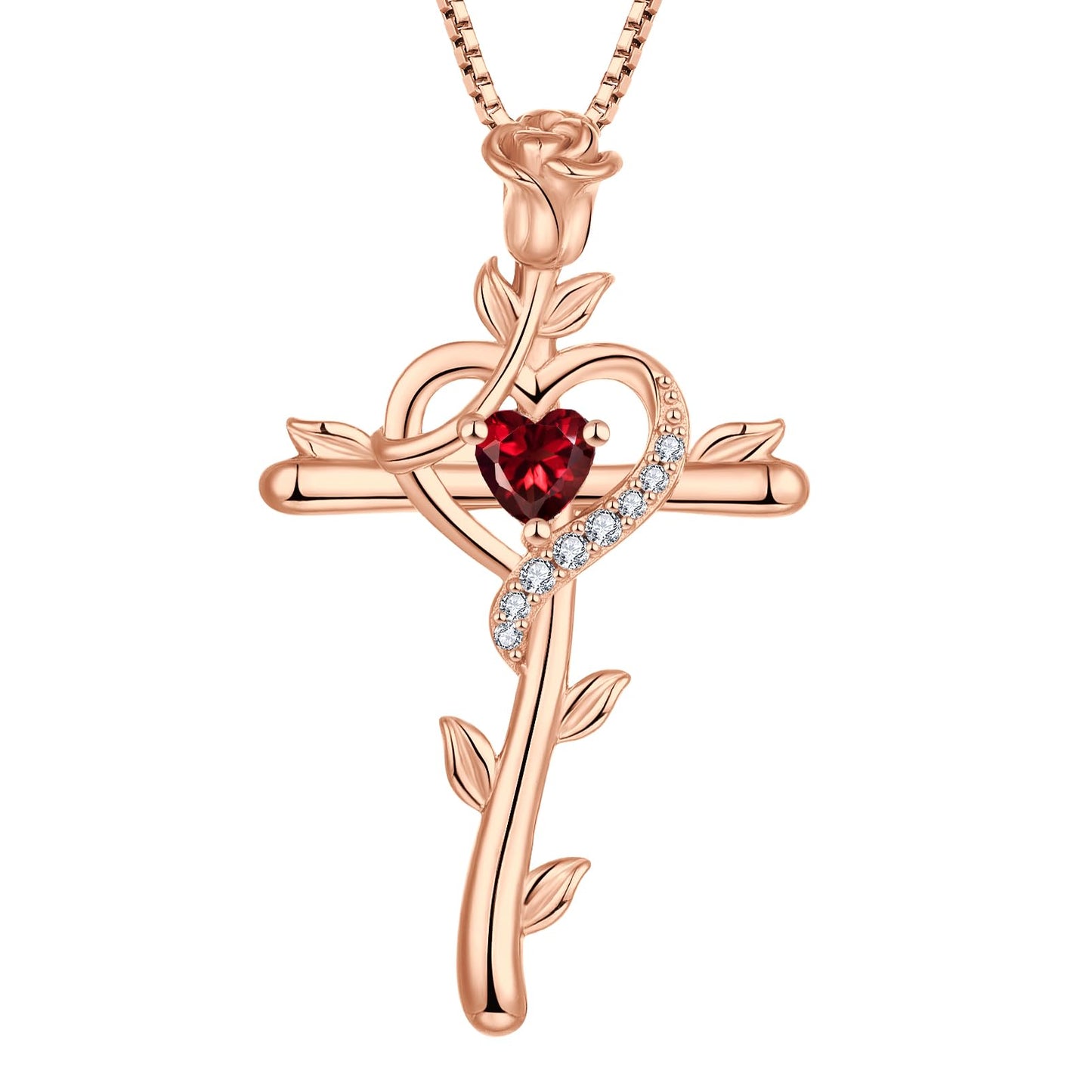 STARCHENIE Rose Cross Necklace, 925 Sterling Silver 14K Rose Gold Plated, Created Ruby Heart Pendant, Crucifix Jewelry Gift for Women
