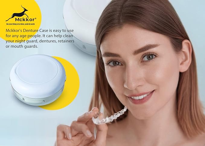 Retainer Case, Retainer Cleaner Case, Definitely No-Leak Denture Case Denture Bath Box for Traveling Perfectly, Denture Cup with Strainer & Mirror(Blue)