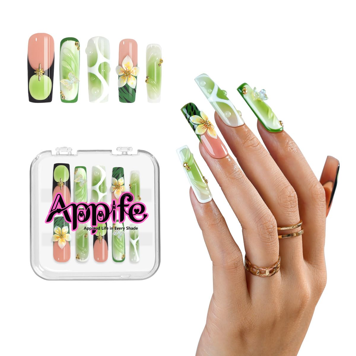 Green Jelly Acrylic Square Press-On Nails 10pcs, Handmade Gradient Glossy Tips with 3D Flower & Butterfly Art, And White Swirl Design Full Cover Nail Set – Appife