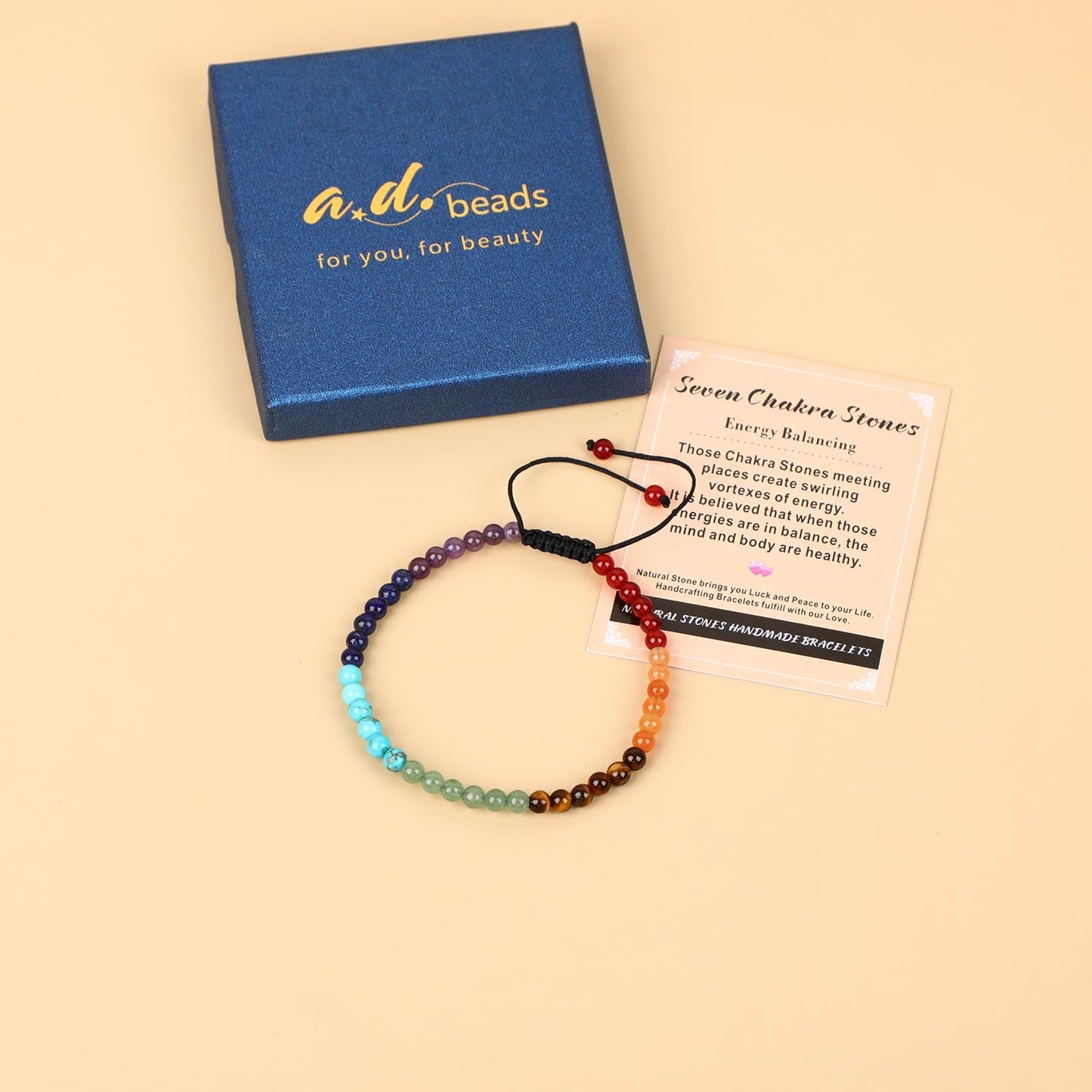 AD Beads 4mm Seven Chakra - Energy Balancing - Handmade Natural Stone Crystal Bracelet with Adjustable Macrame String - Yoga Healing Power Energy Gifts for Men and Women