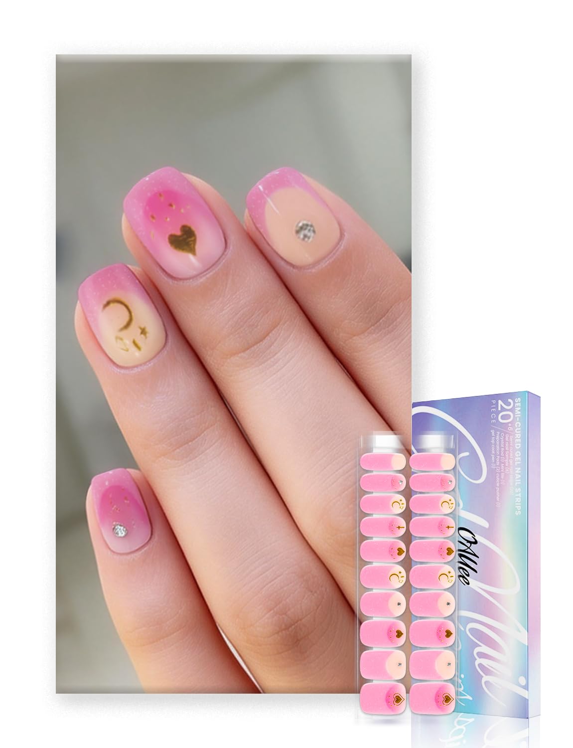 Oauee Semi Cured Gel Nail Strips | Built-In Gel Top Coat | UV Light Required | Salon Quality, Easy Application And Removal (Pink Elegance）