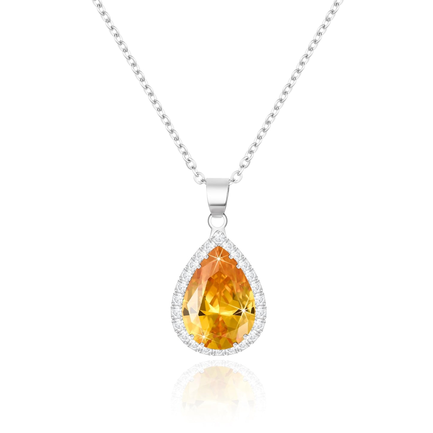 Linawe Silver Chain Necklace for Women, Citrine Crystal Yellow Imitation Diamond Pendant Necklace, Cubic Zirconia Rhinestone Teardrop Boho Jewelry Set