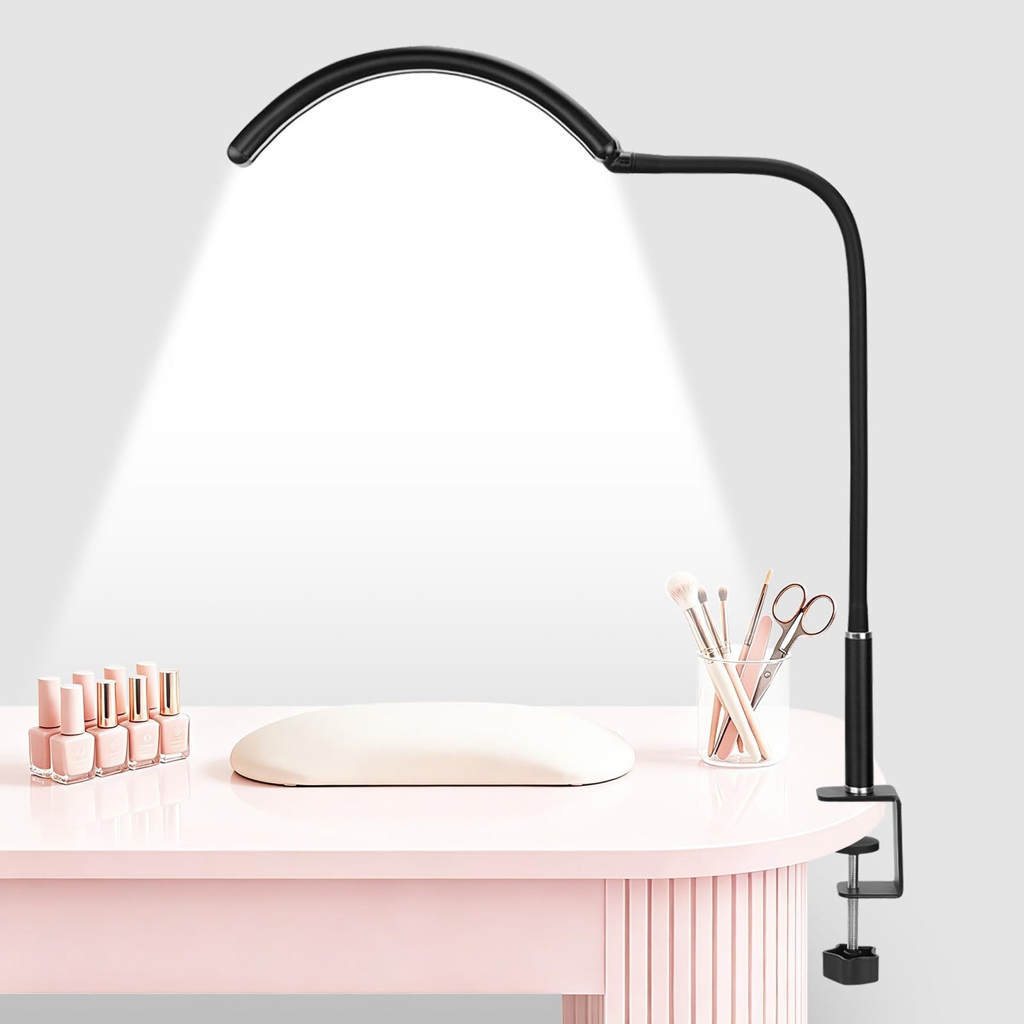 Half Moon Light for Nail Desk, Dimmable Lamp with Clamp for Manicure, Nail Techs, Study, Work, Jewelry, Tattoo. Shadowless Eye-Care Light for Reading, Art, Crafting, Sewing, Painting, DIY.Space-Saving