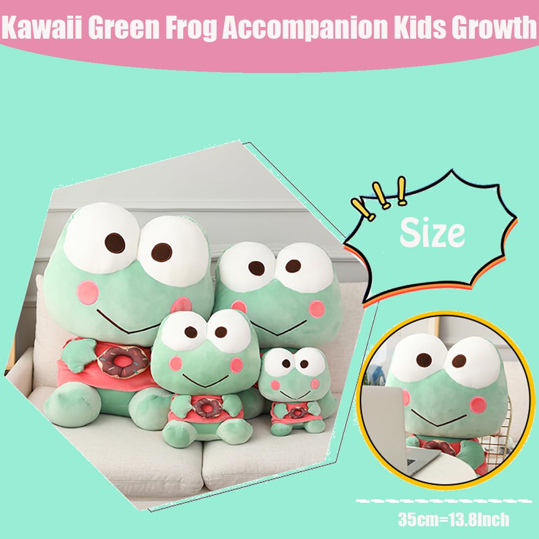 ELAINREN Cuddly Stuffed Frog with Donut,Ultra-Soft Green Froggy Plush Toy Kawaii Fernando Frog Plushie Doll Gifts/13.8''