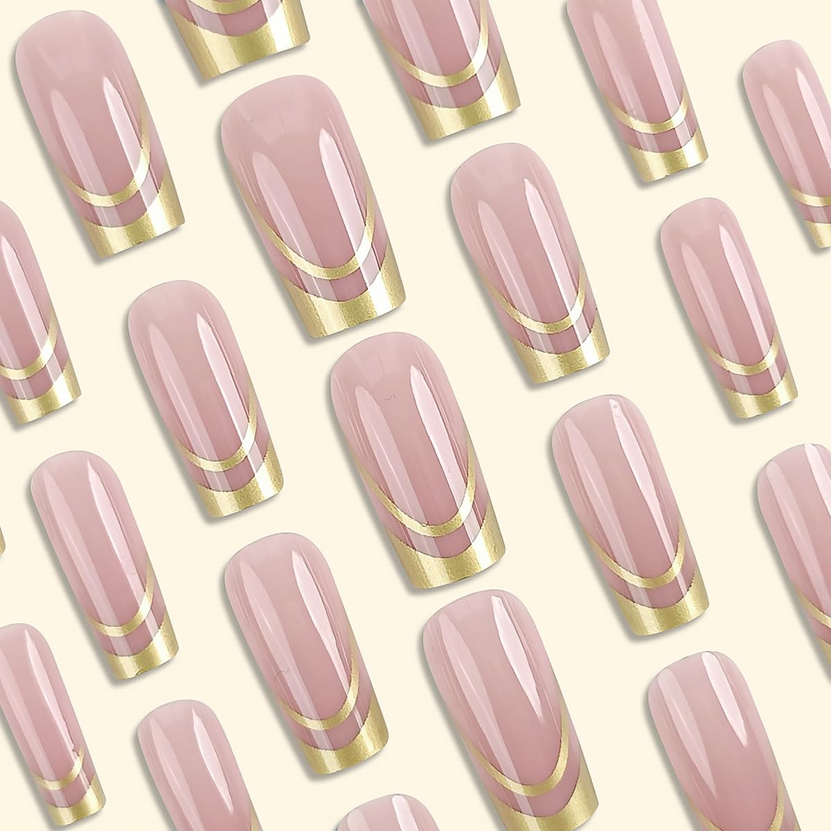 24Pcs Gold French Tip Press on Nails Medium Square Fake Nails with Gilding Line Design Nude Pink Full Cover Artificial Glue on Nails Glossy False Nails Reusable Exquisite Stick on Nail for Women DIY