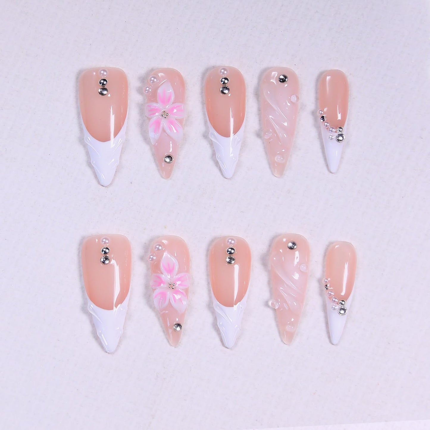 Handmade 3D Long Stiletto Art Press On Nails for Women - Reusable Stiletto False Nails, 10PCS ABS Artificial Fingernails with Nail Tip Design for Salon & Home Use (Size L)