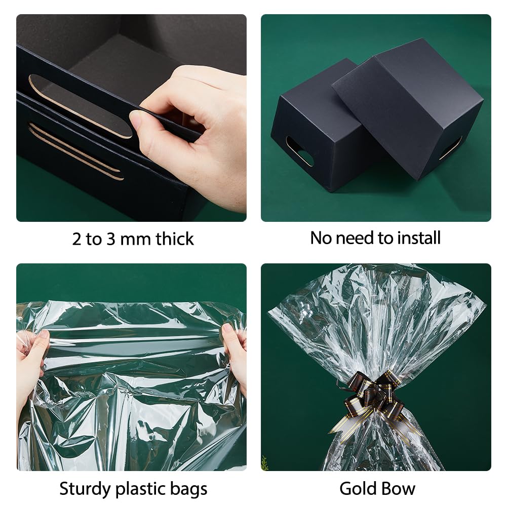 SUPERFINDINGS 6Pcs Black Cardboard Basket Gift Baskets Empty Kit with Plastic Bags and Bowknot Kraft Paper Gift Storage Boxes Sturdy Diy Bulk Gifts Baskets for Easter Christmas Birthday Wedding