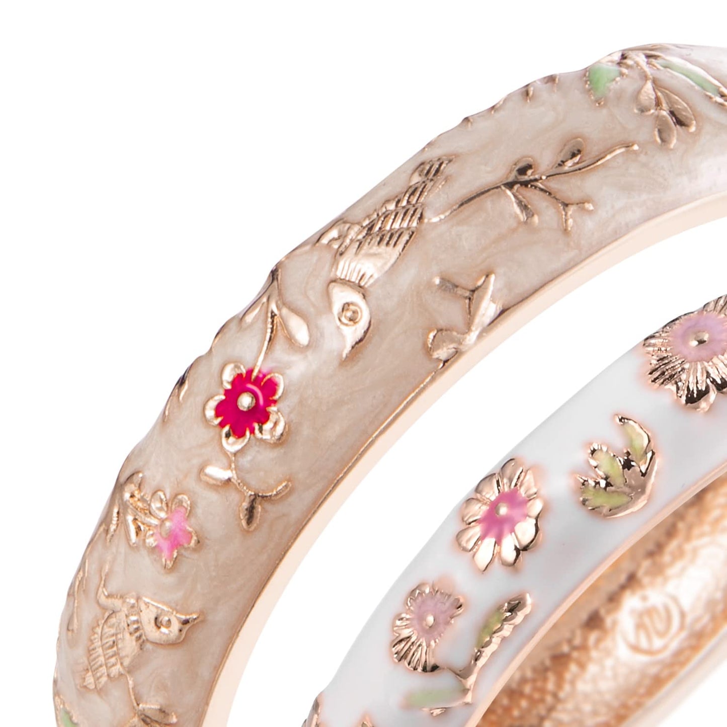 UJOY Colors Handcraft Jewelry Cloisonne Bracelet Enamel Bird Spring Hinged Womens Bangles Gifts Box 55C49-55A18 Cream and White