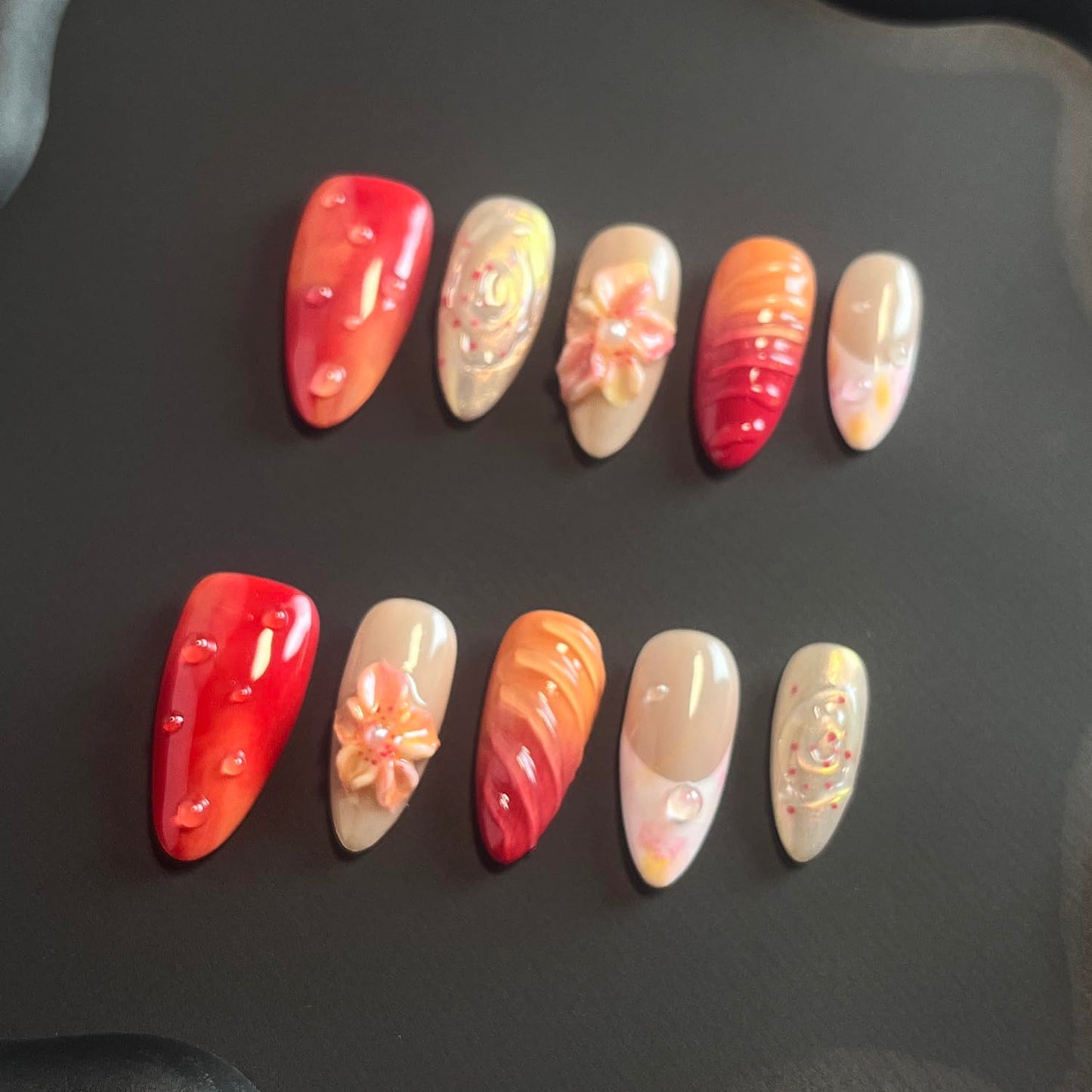 Luxury Press on Nails Medium Almond Handmade 3D Unique Reusable ABS Material Fake Nails Red&Orange False Nails with Designs Water Drop Flower Art Petal Glossy Glue on Thick Acrylic Nails(M)