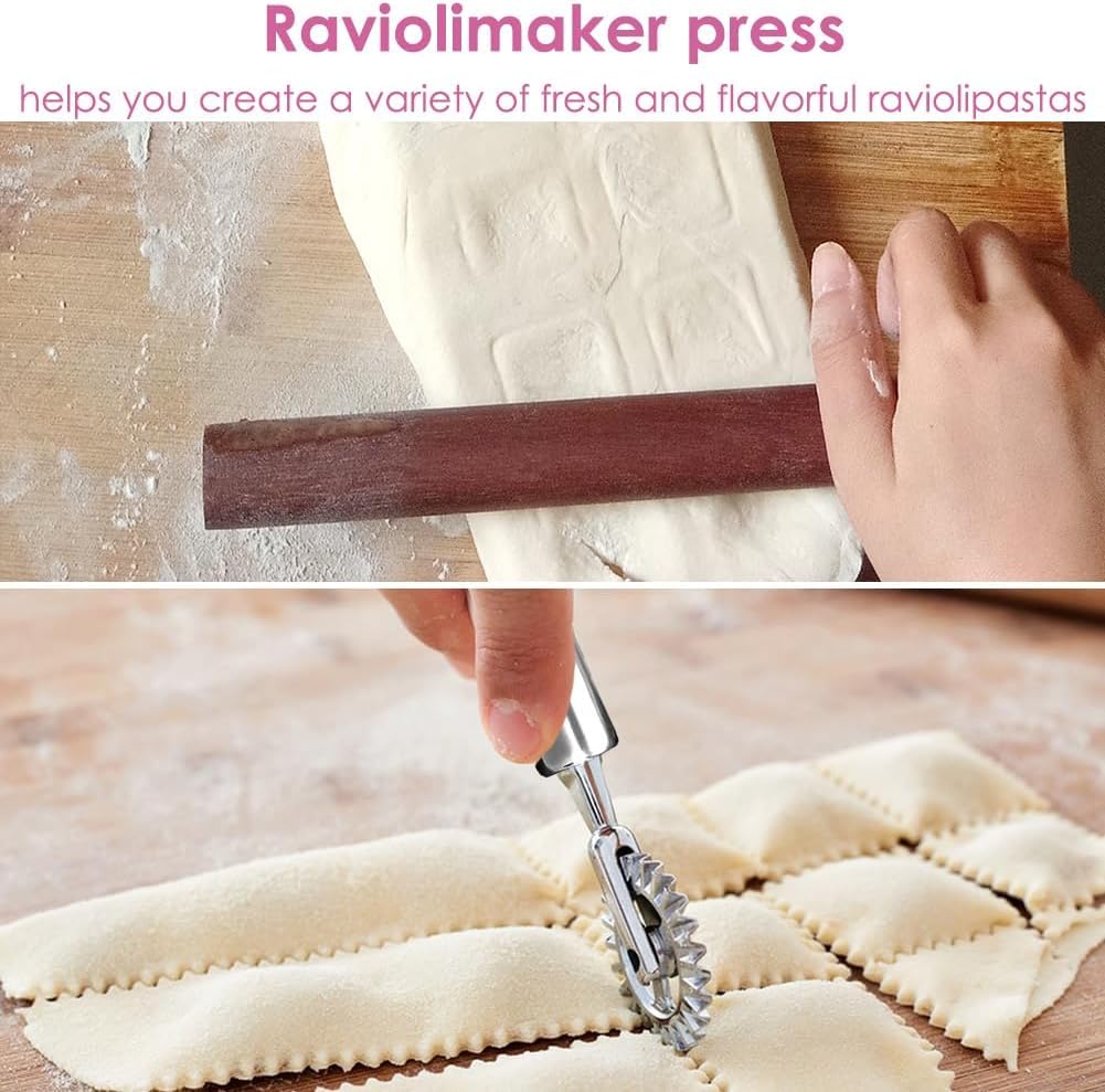 Ravioli Maker Press, Ravioli Press Mold Set, 1.4" Squares Ravioli Stamp Maker Cutter with Wood Rolling Pin, 2.6" Empanada Maker Press Kit with Dough Cutter and Ravioli Wheel, Makes 10 Ravioli