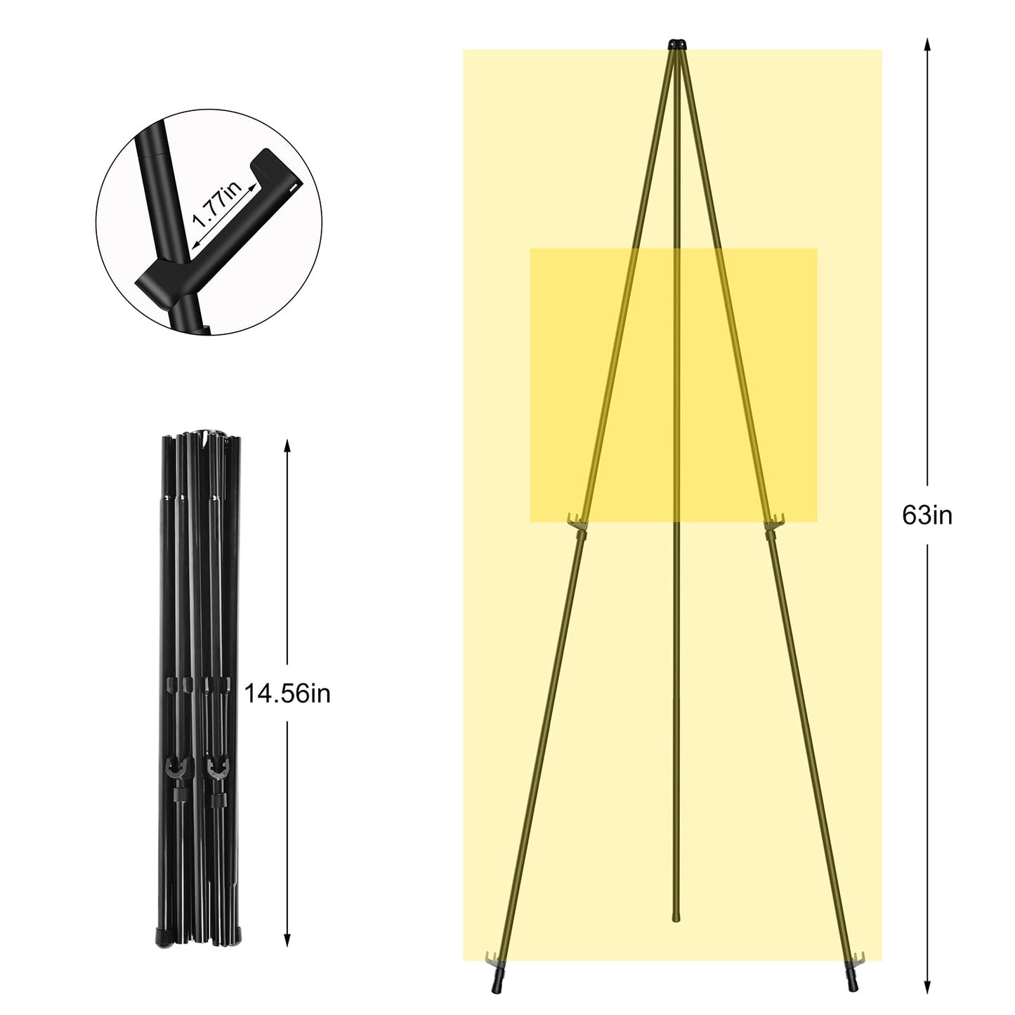 SunyesYoon Display Black Easel Stand for Wedding Sign, Artist Instant Tripod Collapsible Portable Floor Easel for Posters, 63" Adjustable Easy Folding Metal Stand for Display Show, Arts, Painting