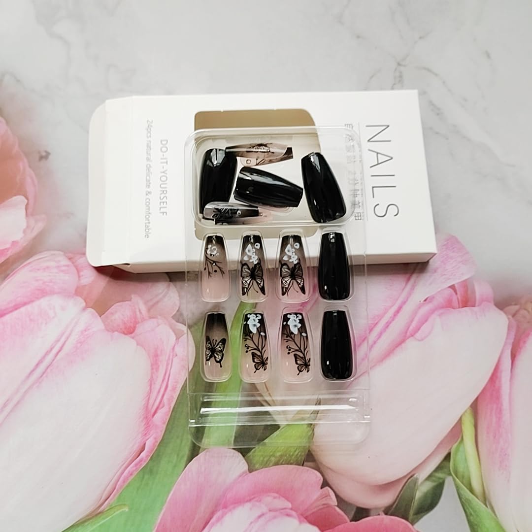Medium Press on Nails Ballerina Square Dark Gradient Butterfly Flowers Design Fake Nails Press ons Ombre Acrylic False Nails Glue on Nails Reusable Nail Tips Full Cover Stick on Nails for Women 24Pcs