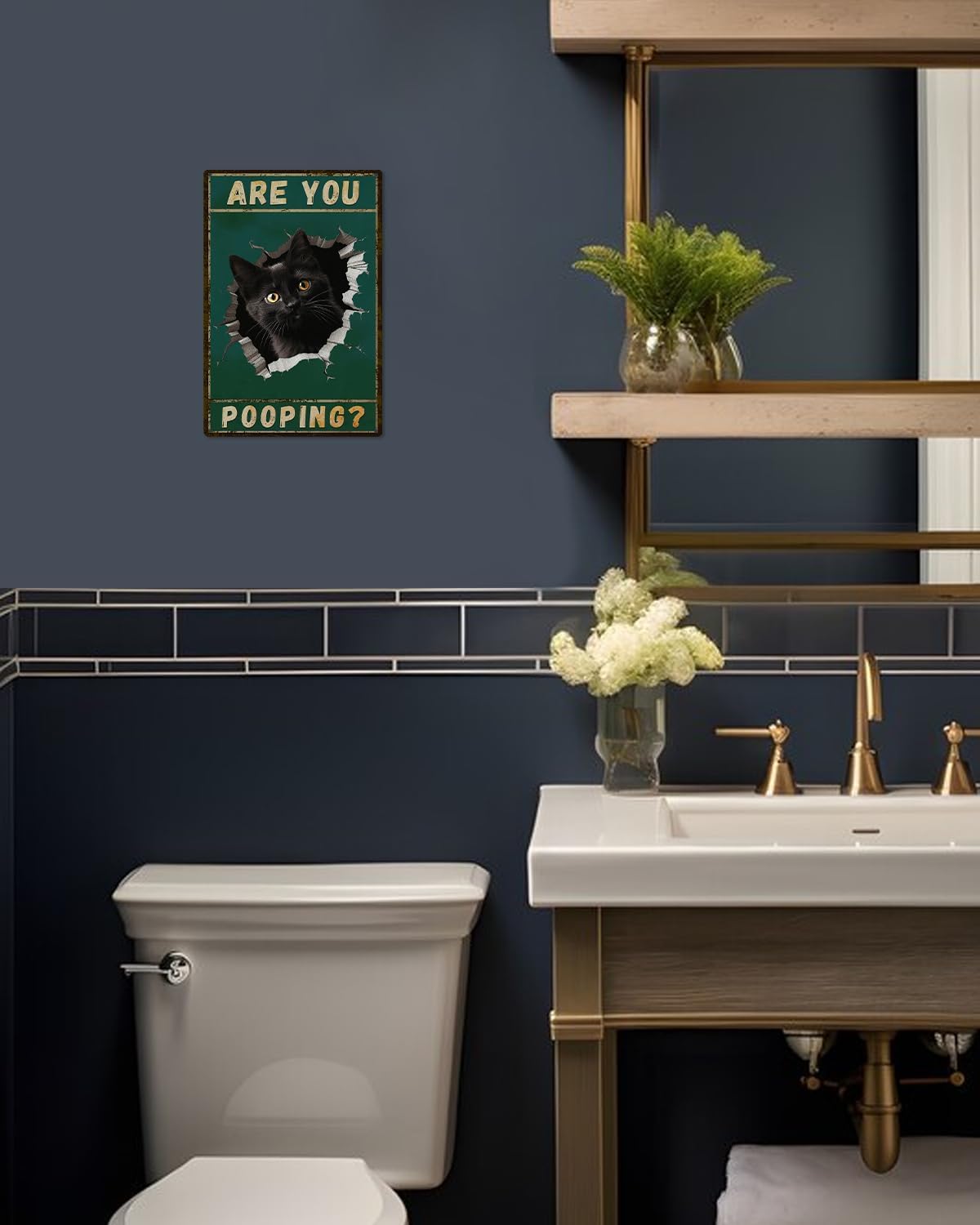 ALKB Are You Pooping Signs Funny Black Cat Sign for Bathroom Wall Decor, Vintage Cat Gift 8 x 12 Inch
