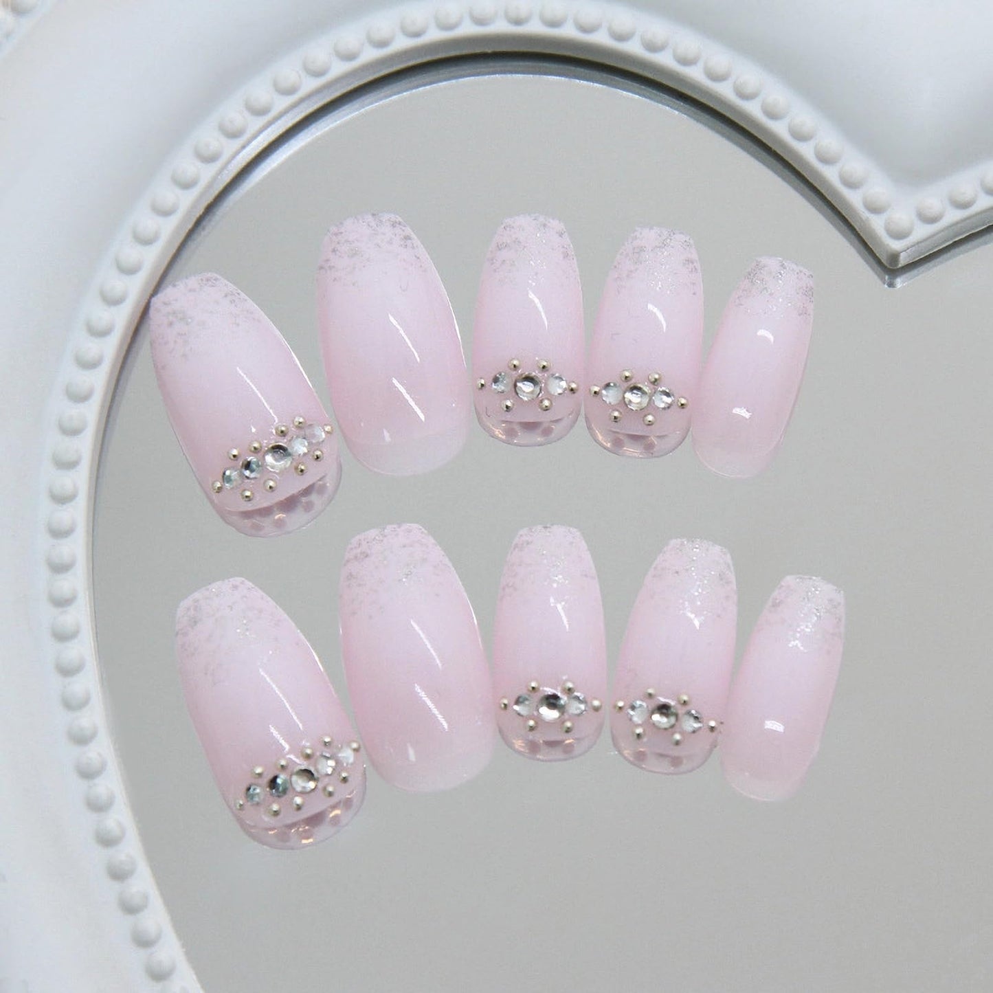 MISUD Press on Nails - Medium Coffin Fake Nails with Nude White Ombre, Acrylic Bling Glitter Rhinestone Design 24 pcs