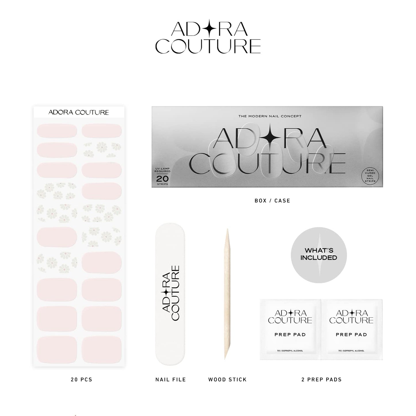 Adora Couture Semi Cured Gel Nail Strips with 20 Pieces - UV Gel Stickers, Manicure Kit, Easy Application Wraps Includes Prep Pads, Nail File, Wooden Stick - UV Light Required (Charming Daisy)