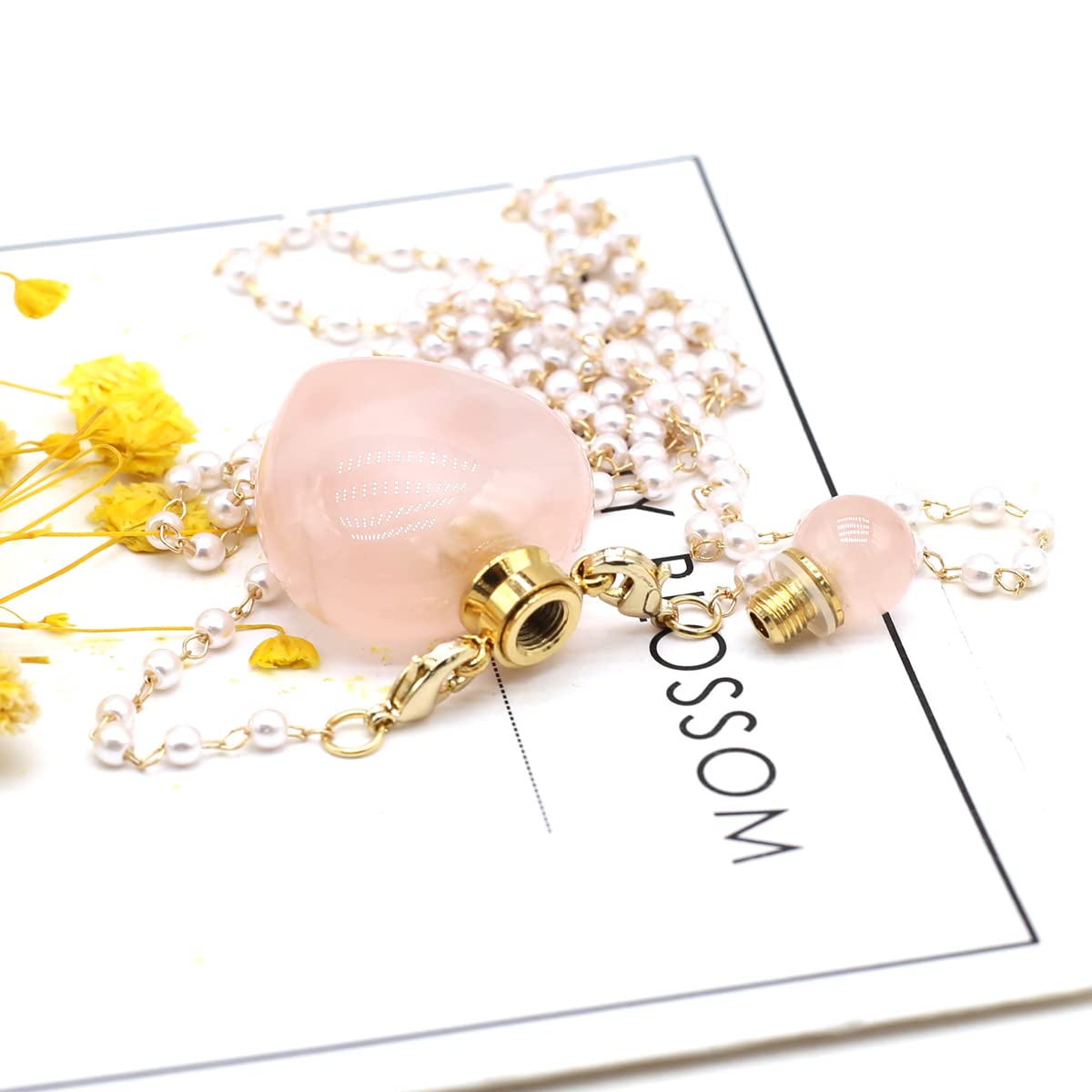 1pcs Natural Rose Quartz Stone Perfume Bottle Pendant Pearl Bead Chain Rectangle Heart Necklace for Women StonHealinge Essential Oil Diffuser Necklace Jewelry Essential Oil Diffuser