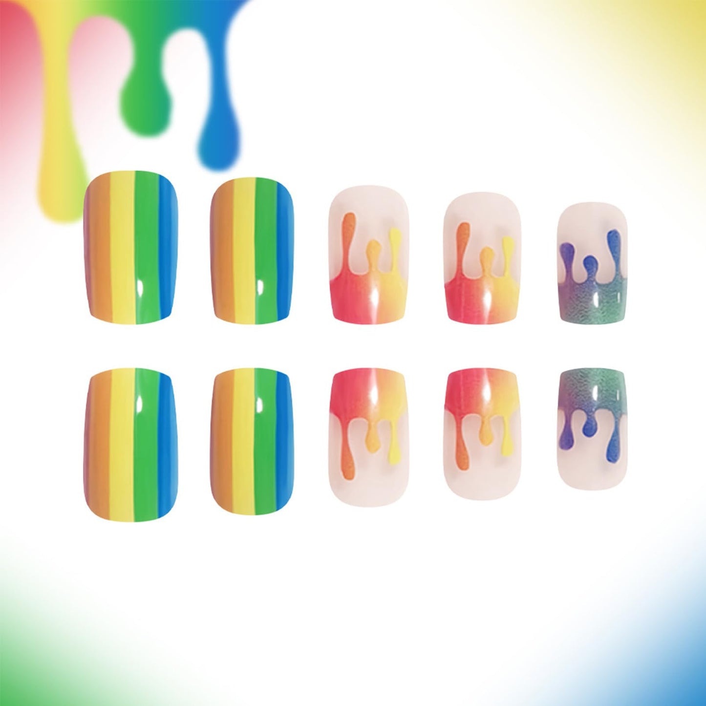 Rainbow Press on Nails Medium Square Fake Nails with Colorful Stripes Design Cute Summer Nails Press ons Glossy Full Cover Stick on Nail Artificial Glue on Nails for Women 24Pcs