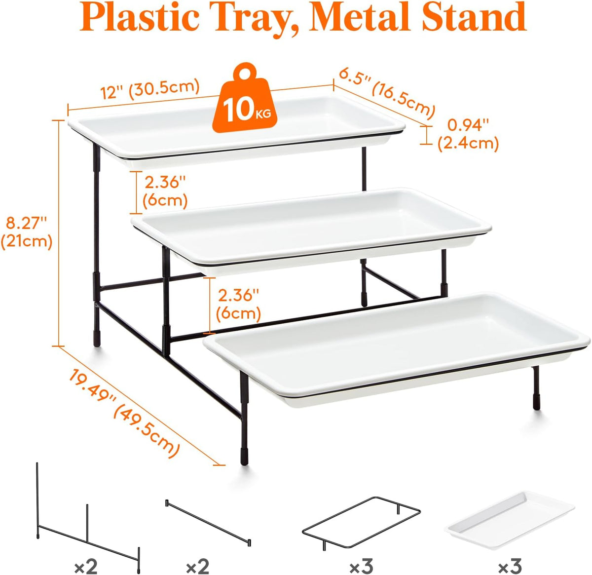 Lifewit 3 Tier Serving Tray, 12" x 6.5" White Plastic Tiered Food Serving Platters, Tiered Tray Stand for Party with Black Collapsible Metal Stand, Dessert Display Stands for Cookies, Crackers