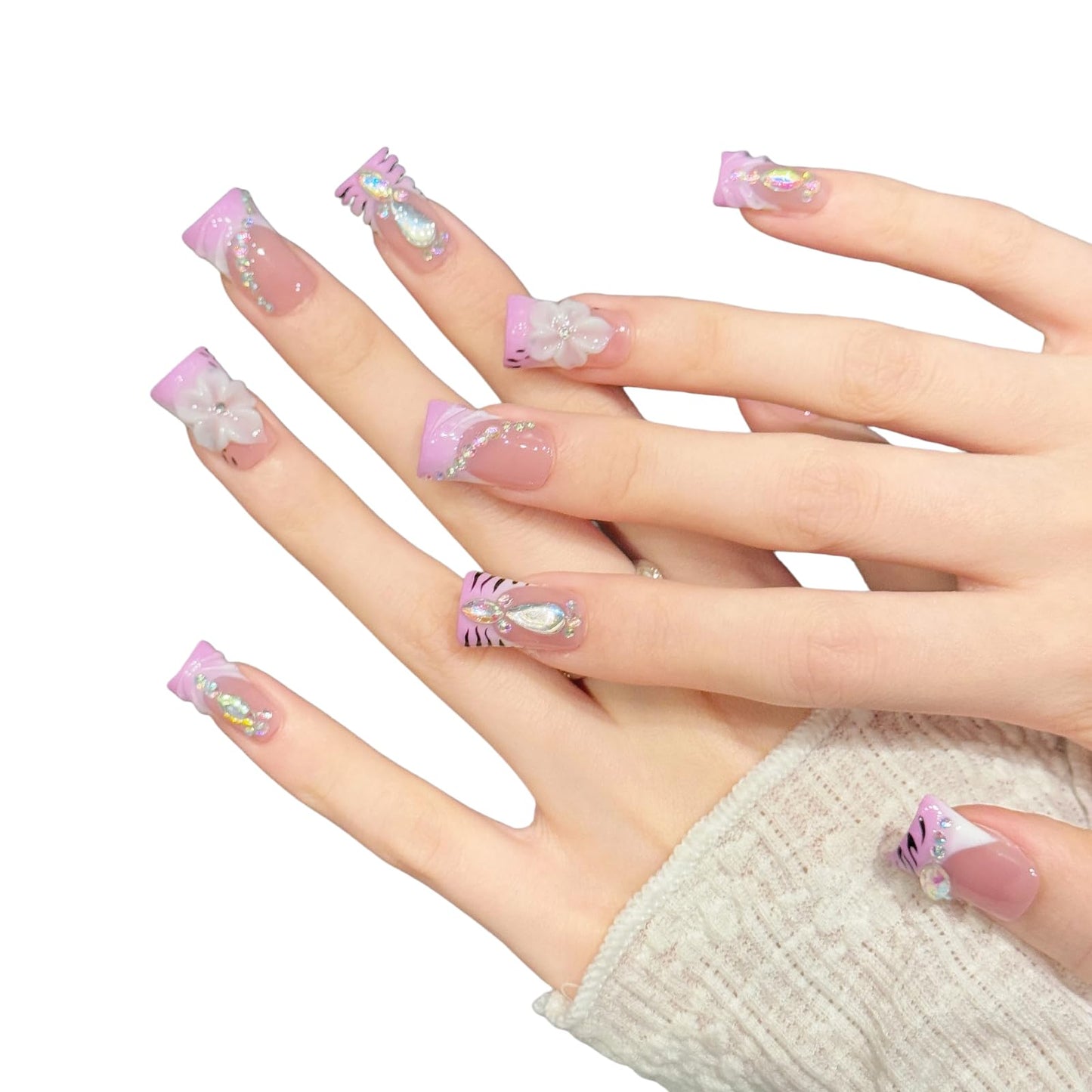 Tesytto Handmade Press On Nails Pink Zebra Print Short with Big AB Crystal Gem and 3D Flower Charm, Stick On Fake Nails, Reusable Bling False Nail Tips for Club Party, 10 Pcs (Floral Shade Tiger,S)