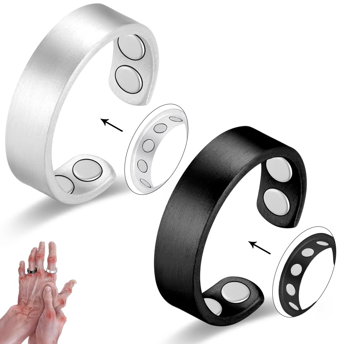 Vicmag 2PCS Magnetic Copper Rings for Women & Men,99.99% Pure Copper Ring with 9X Magnets Gift Adjustable(9X Black & Silver)