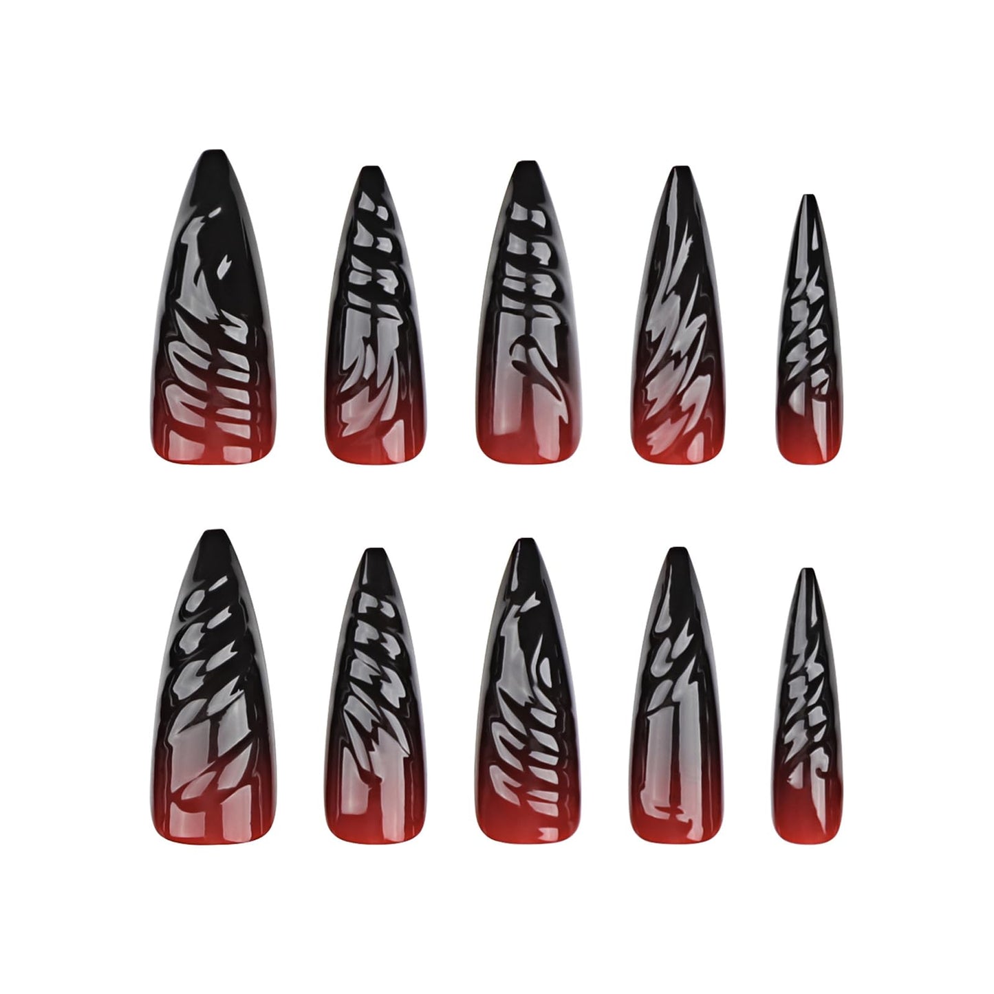 MISUD Press on Nails - Long Stiletto Glue on Nails with Goth Red Black, Acrylic Gothic Vampire Design 24 pcs