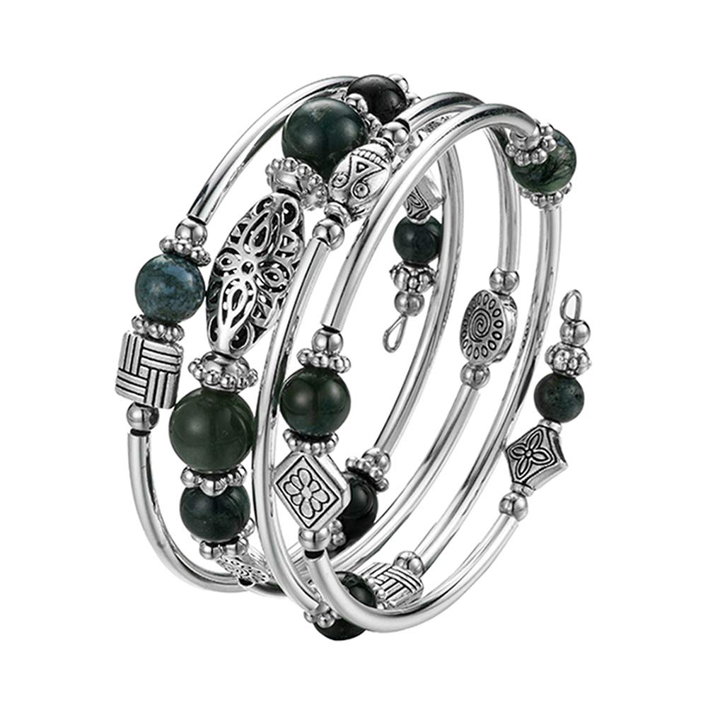 BULINLIN Layered Wrap Bangle Turquoise Bracelet - Bead Bracelet with Natural Agate Stone, Gifts For Women (09-Dark green)