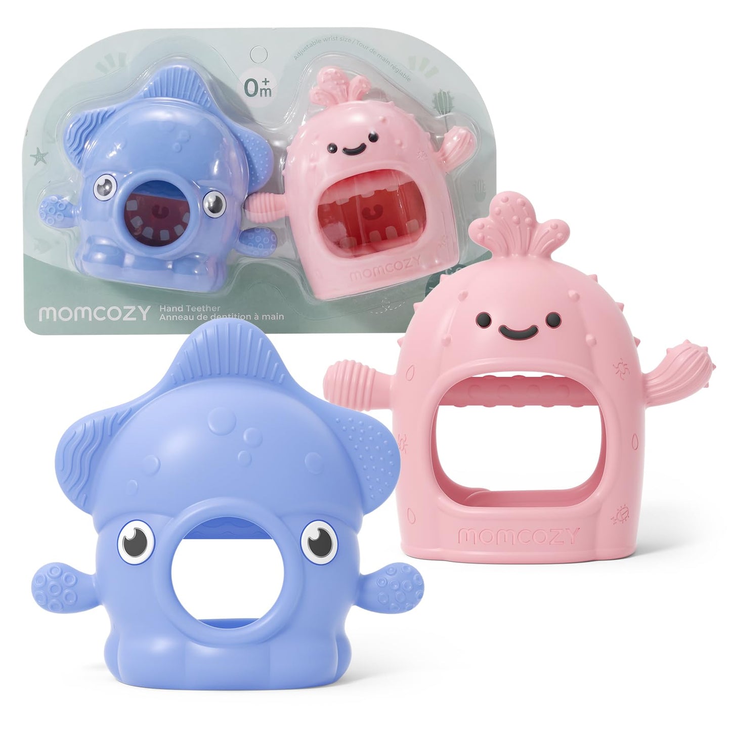 Momcozy 2 Pack Teething Toys, Food Grade Silicone Baby Teethers for 0–12 Months, Baby Teether Mitten Wrist, Teething Relief with Multiple Chew Points,Hygienic Seamless UV-Integrated Design，Blue&Pink