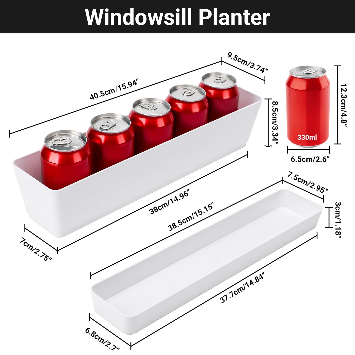 GREANER 16x3.8 Inch Window Boxes Planters, 1PCS Plastic Rectangle Potwith Tray, Lightweight Indoor Succulent Cactus Flowers Vegetable Herb Planters for Balcony, Office, Garden, Outdoor, Windowsill
