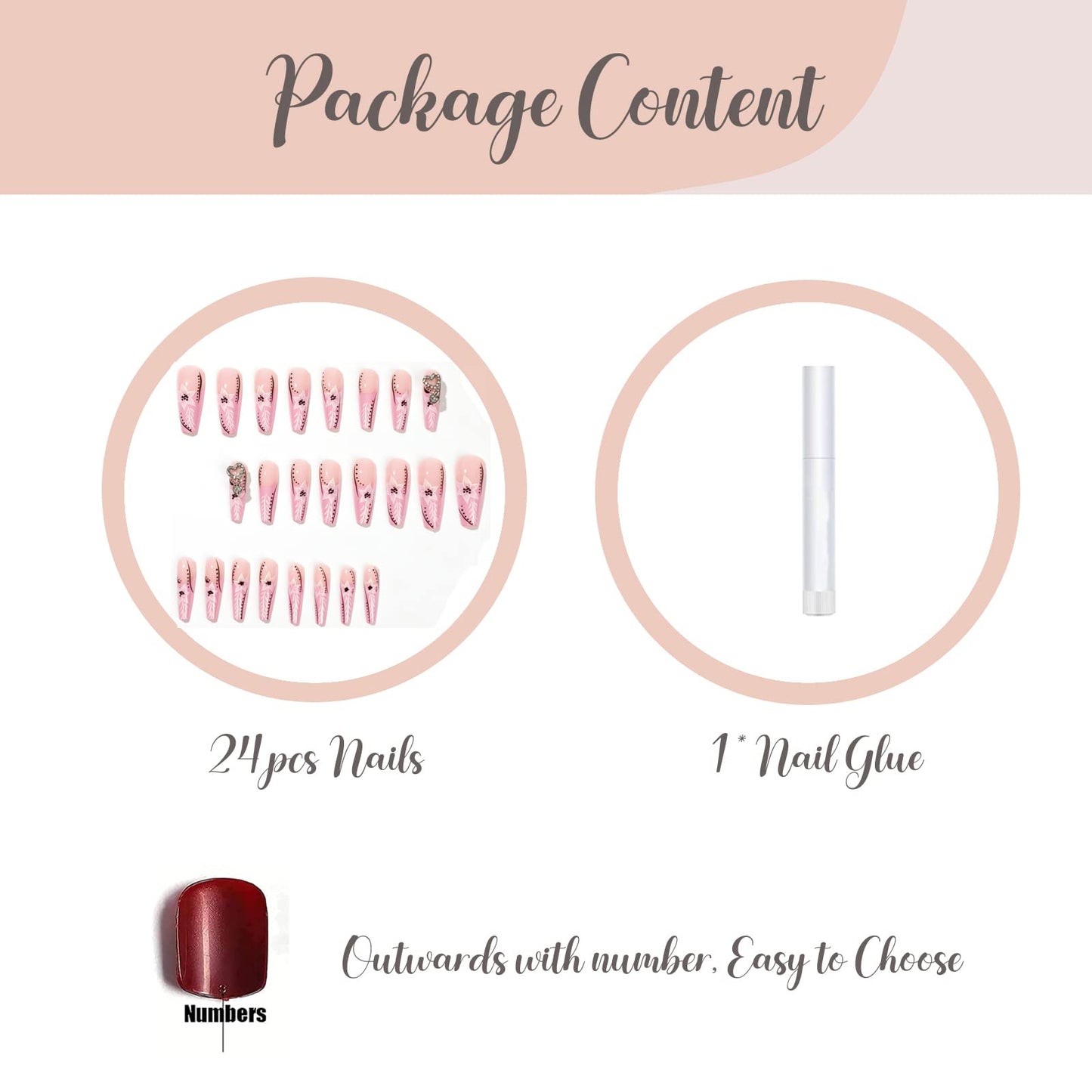BABALAL Coffin Press on Nails Long French Fake Nails Pink Glossy Glue on Acrylic Nails with Flower Design 24Pcs