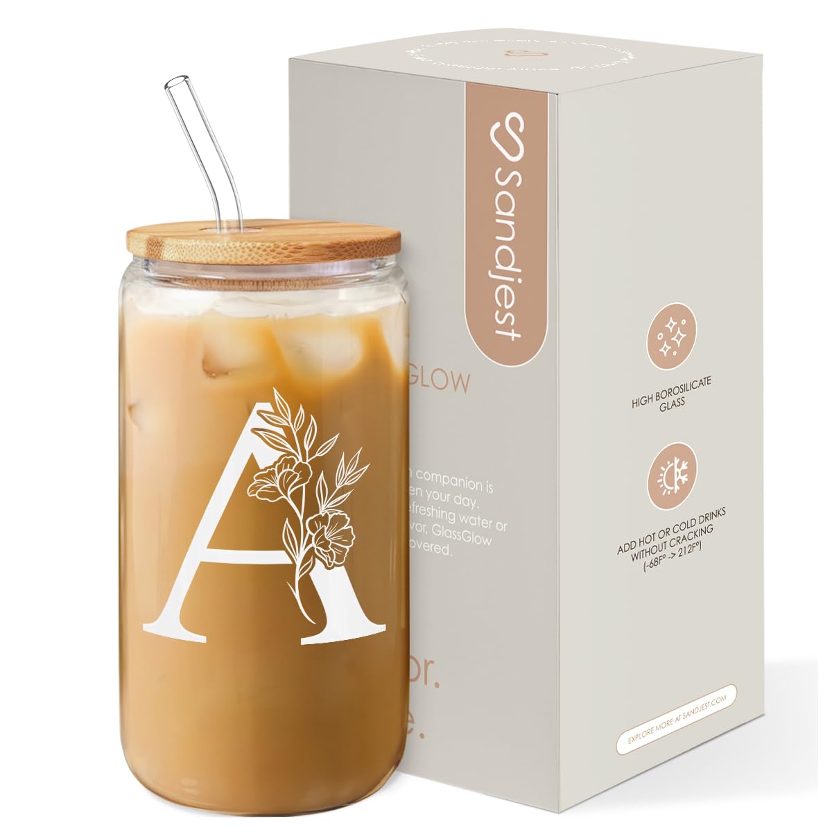 SANDJEST Monogrammed Gifts for Women - Monogram A Initial Glass Cup 16 Oz Can Coffee Cups with Lid and Straw - Monogram Initials Gifts for Womens on Birthday
