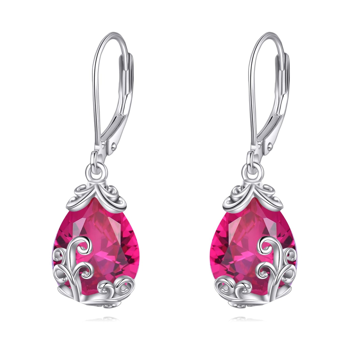 POPLYKE BirthStone Filigree Teardrop Drop Earrings Sterling Silver Ruby Leverback Earrings July Birthstone Dangle Jewelry Gifts for Women