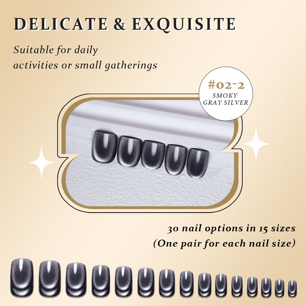 evpct Black Silver Cat Eye Press on Nails Short Square No Glue, Short Square Stick on Nails for Women Gift, Silver Grey Gray Metallic Glitter Shimmer Reusable Press on Acrylic Fake Nail with Design